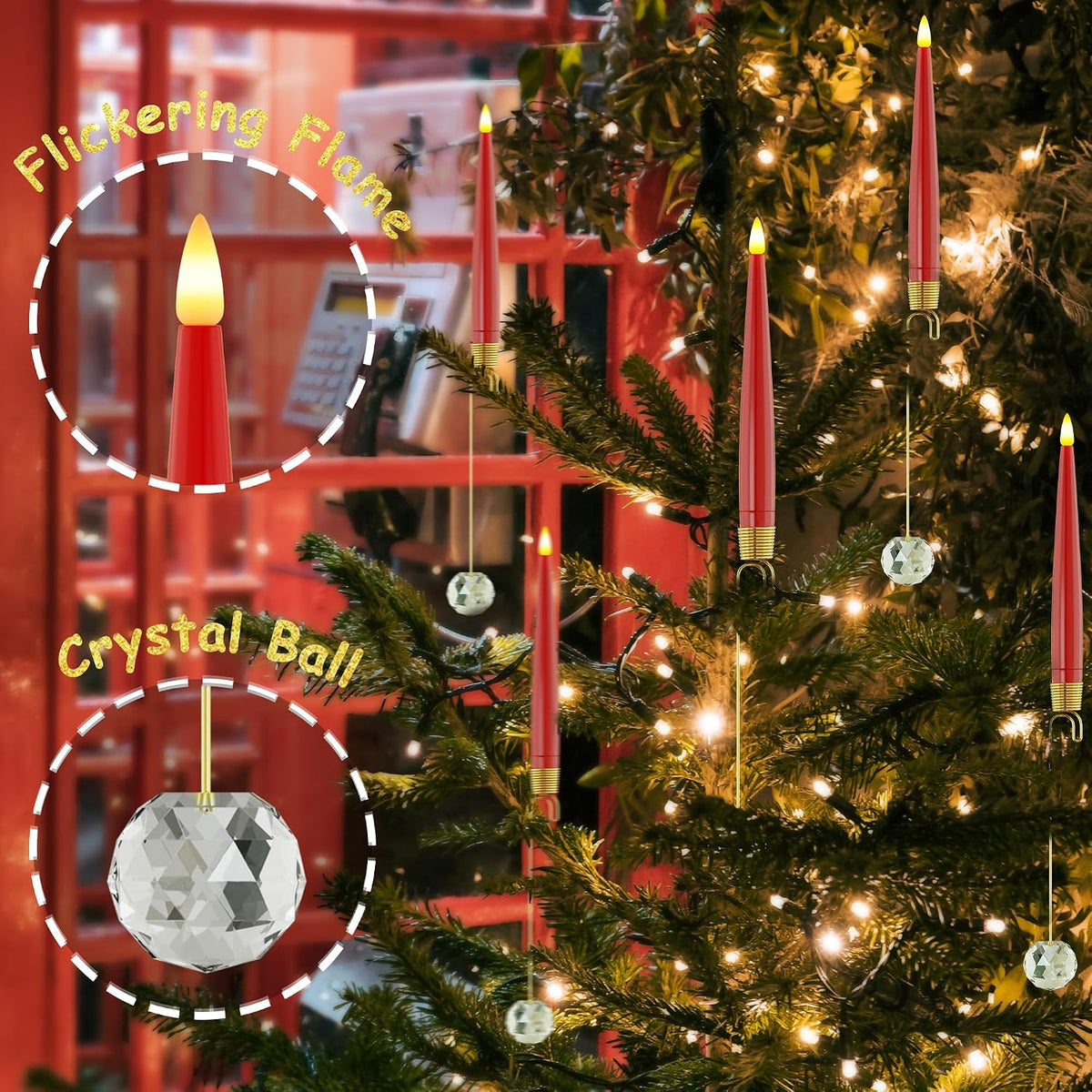 JOIONE Red Christmas Tree Candles, 12 Pcs Crystal Ball Tree Hanging Decor | Battery Operated, Remote Control, Crystal