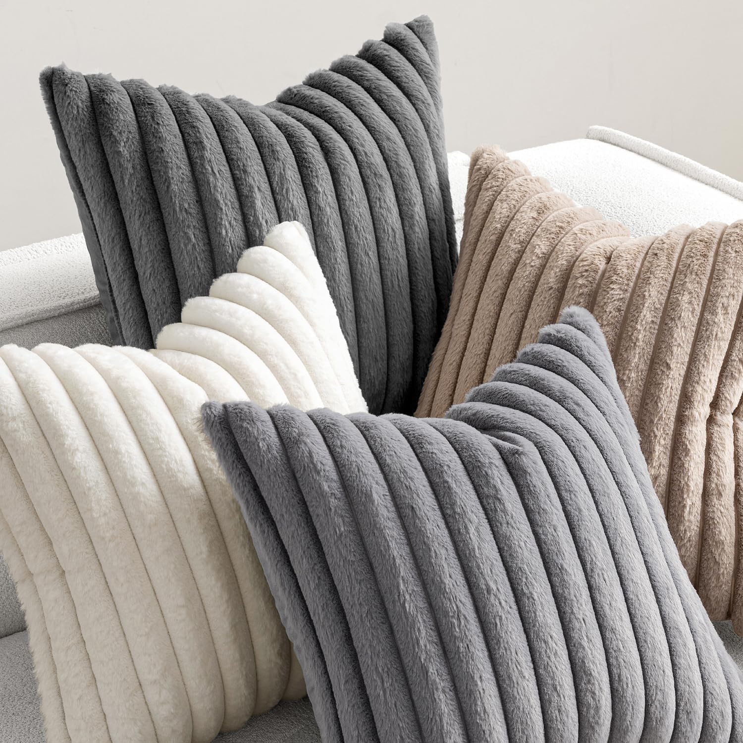 Faux Fur Plush Decorative Throw Pillow Covers / 18 x 18 / Grey Taupe / Set of 4