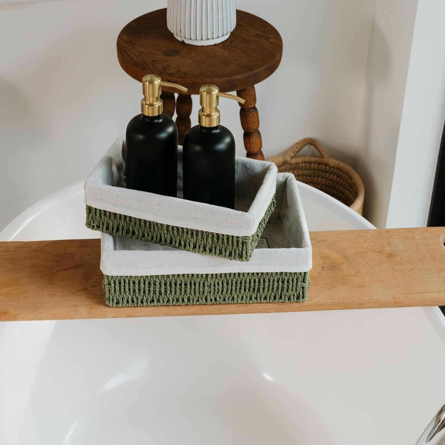 Decorative Wicker Bathroom Organizer for Toilet Tank Trays / Sage / Set of 2