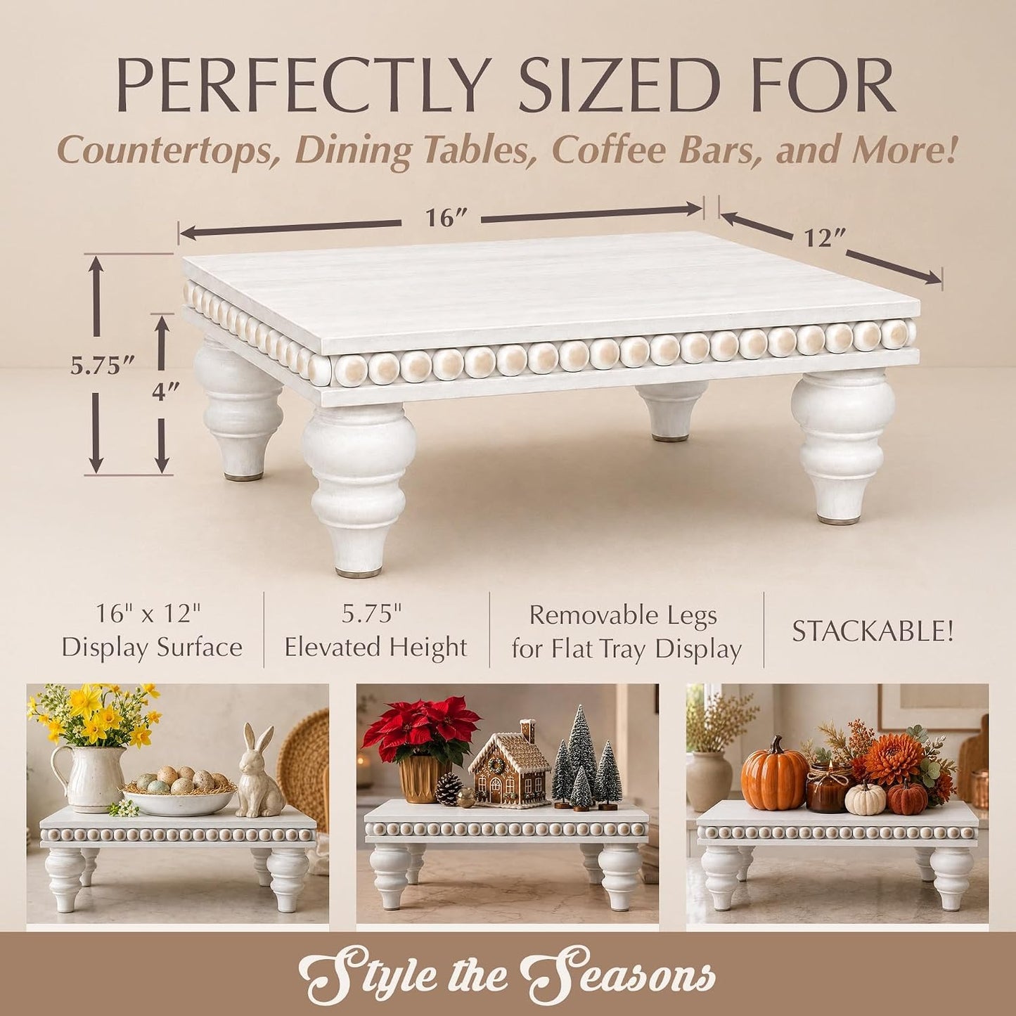 Farmhouse Beaded Riser Stand for Decor / Rustic White