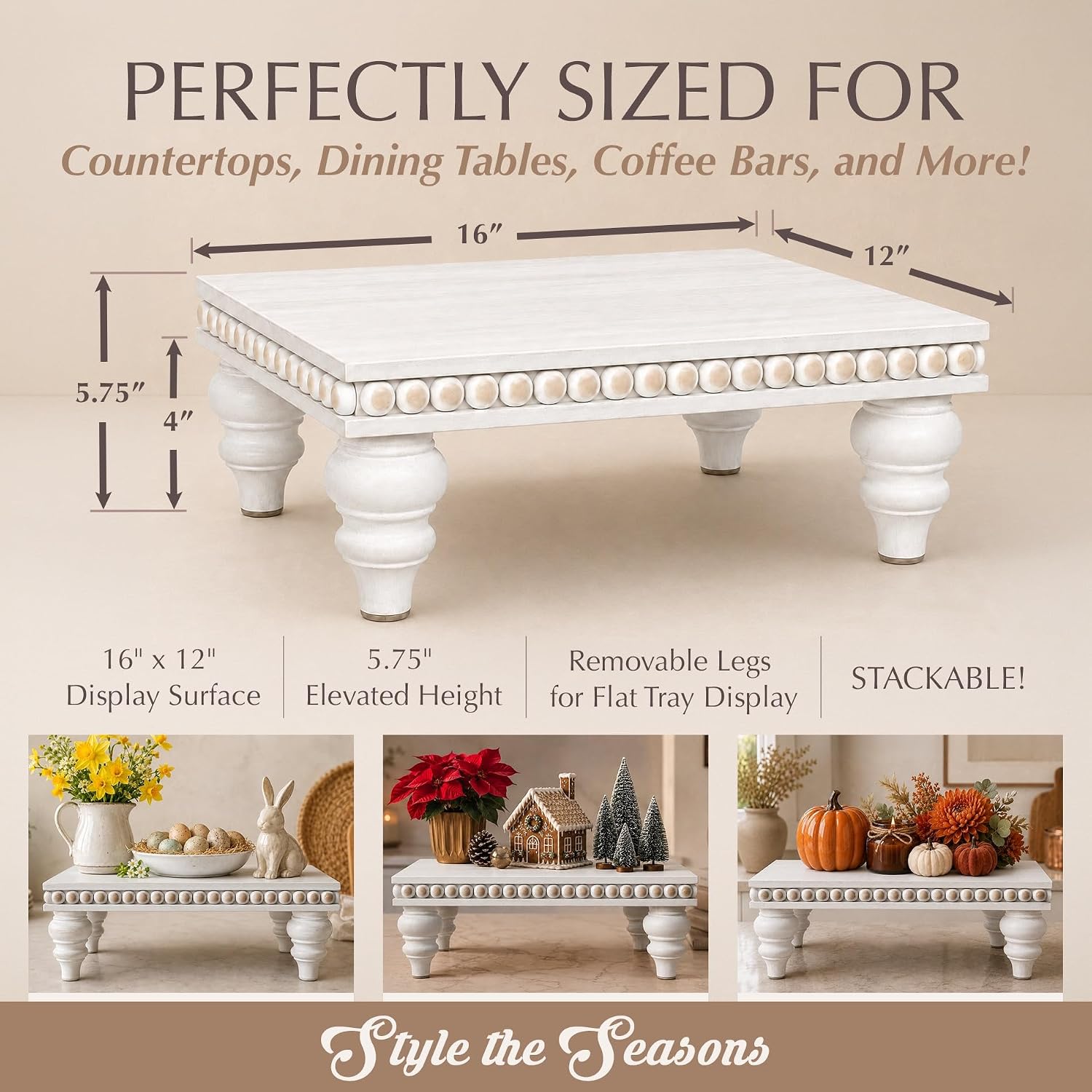 Farmhouse Beaded Riser Stand for Decor / Rustic White