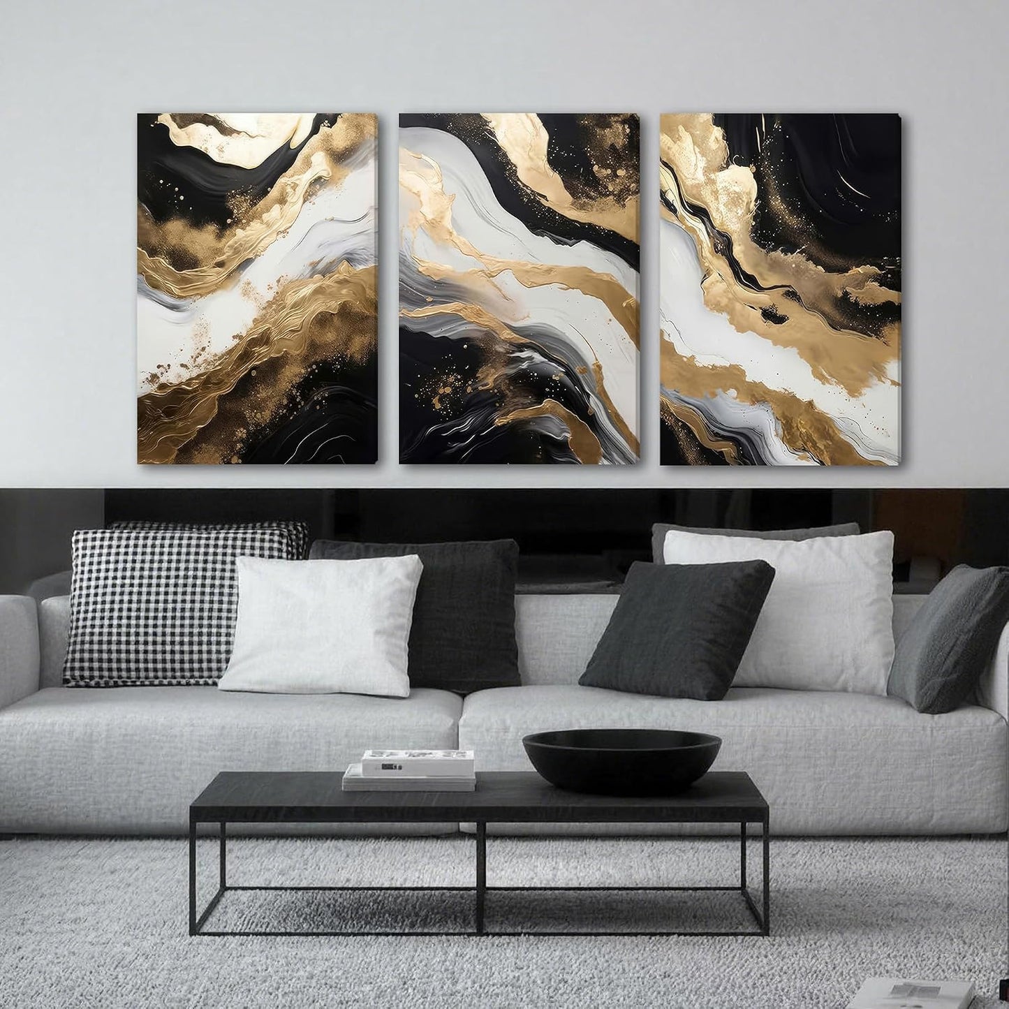 Black Gold Canvas Black Marble Picture Wall / 20L" x 30W / Black and Gold