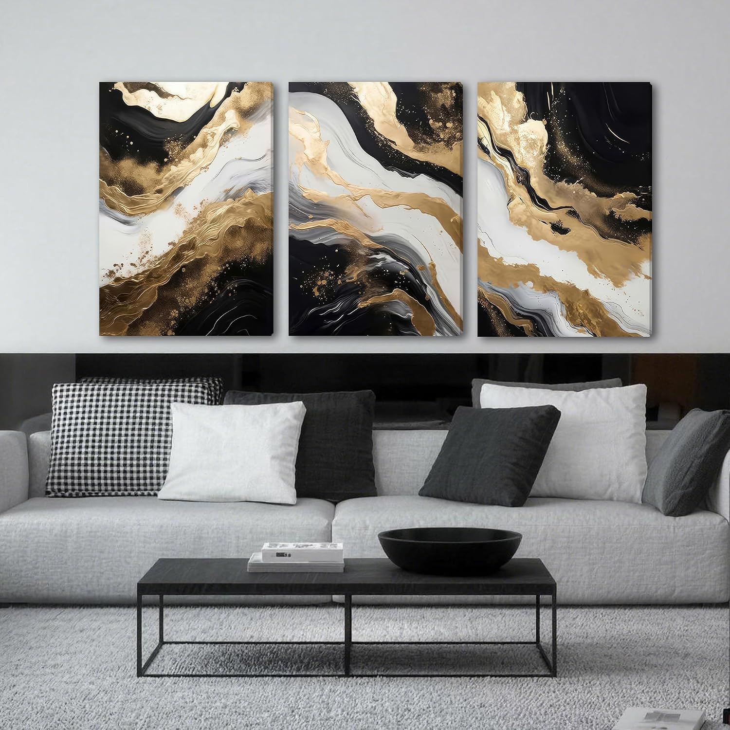 Black Gold Canvas Black Marble Picture Wall / 20L" x 30W / Black and Gold
