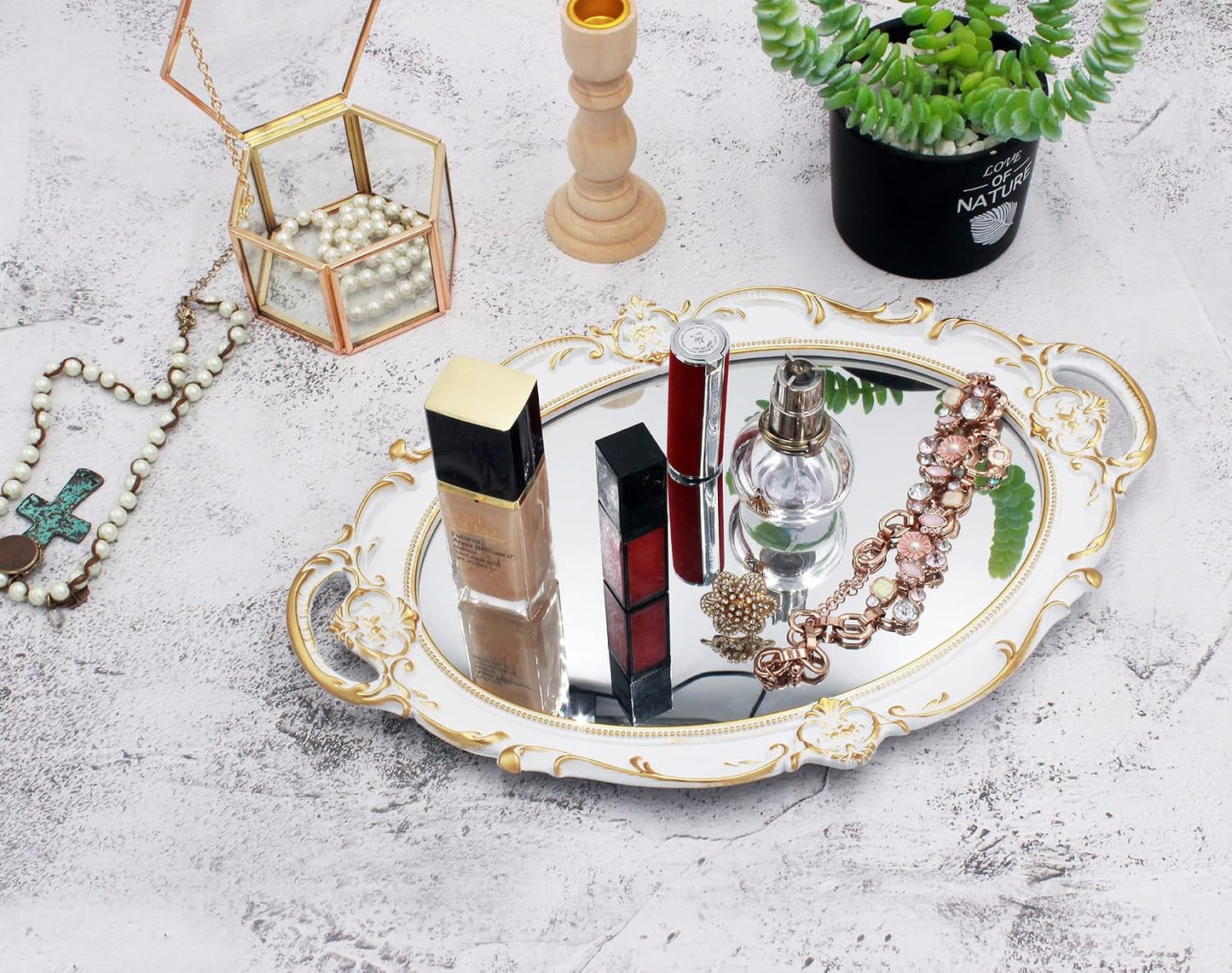 Vintage Mirror Tray / White / 14.5 x 10