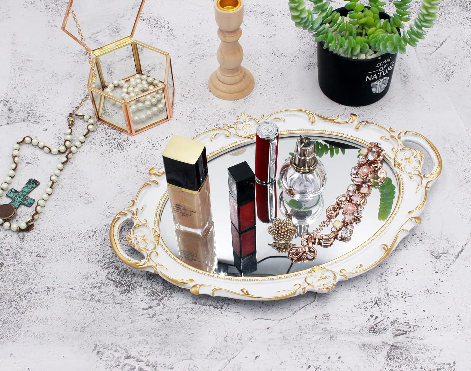 Vintage Mirror Tray / White / 14.5 x 10