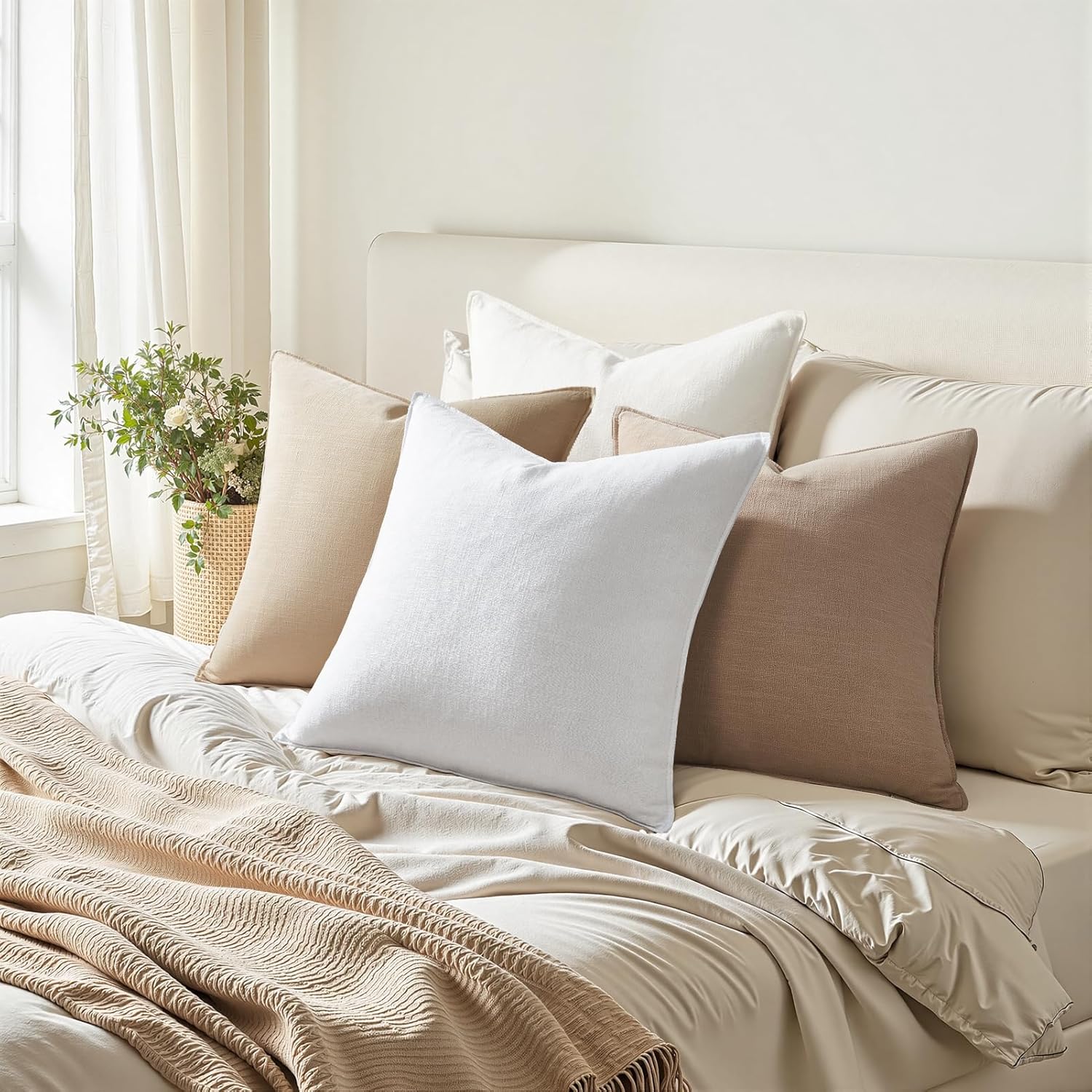 Linen and Cotton Decorative Throw Pillow Covers Soft Accent Farmhouse / Neutral / 20 x 20 / Set of 4