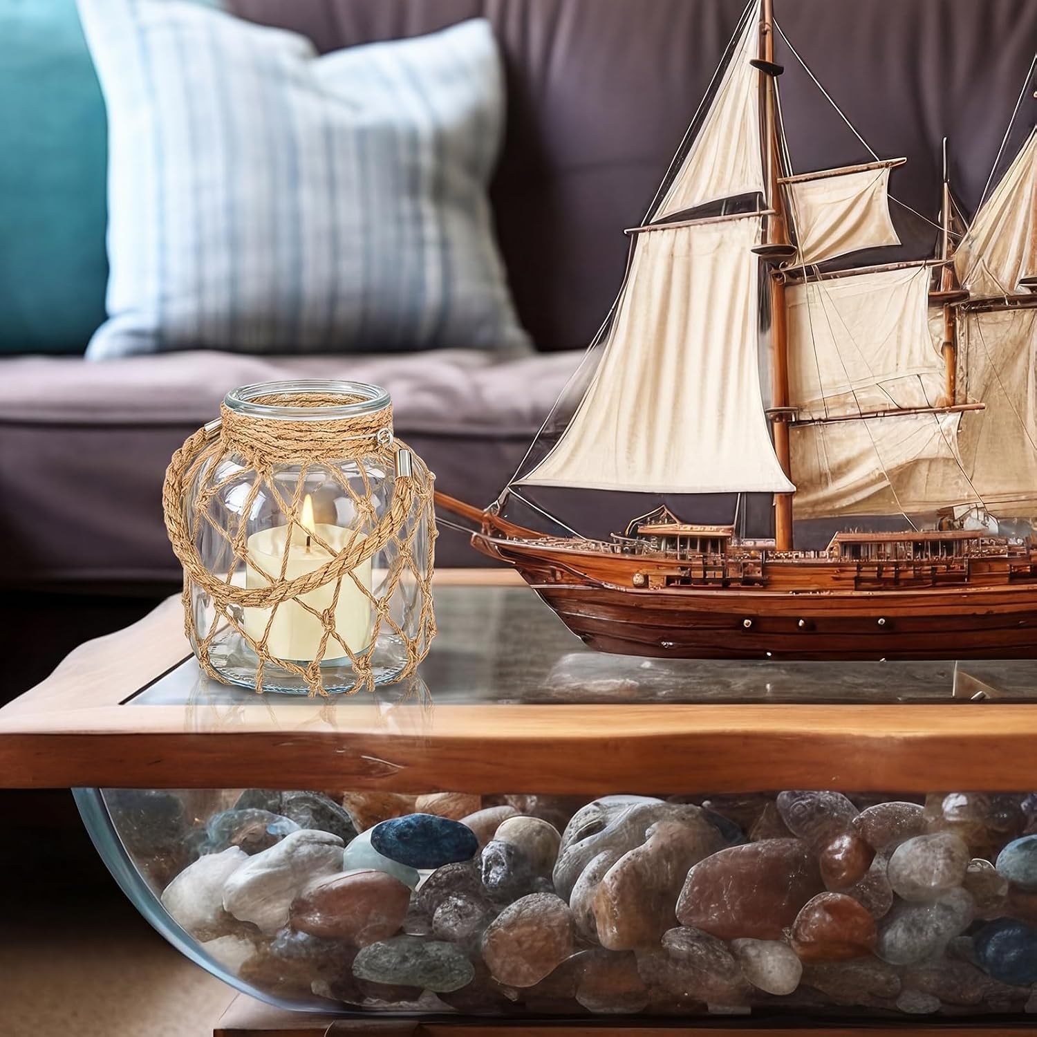 Blushtier 2 Set Nautical Lanterns Rope Handle, Glass LED Flameless,Clear | Battery Operated Light Candles, Coastal