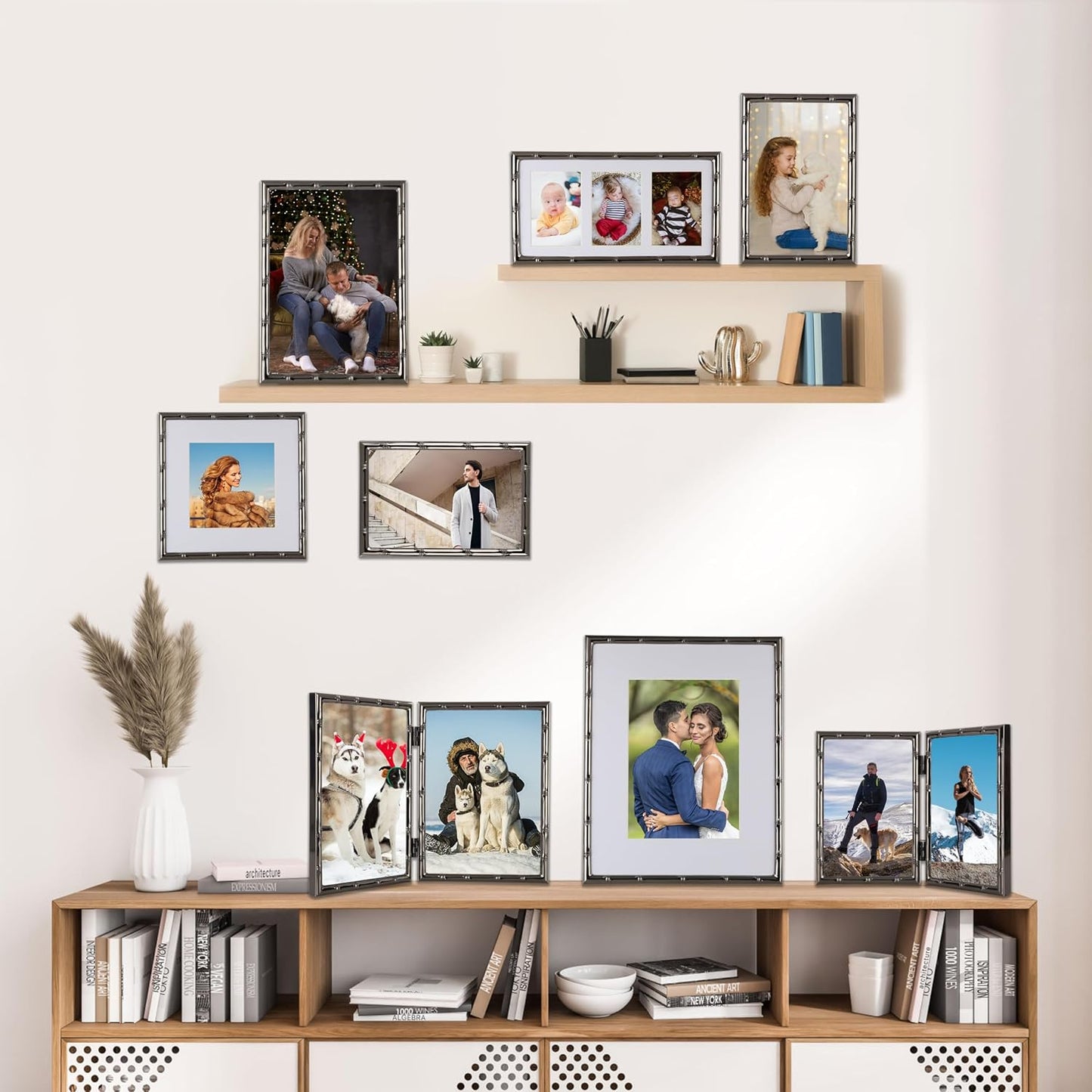 3-2x3'' Black Multi Metal Picture Frames,3 section frames 2pack, Elegant Bamboo Detail Designs Plated Photo Frames