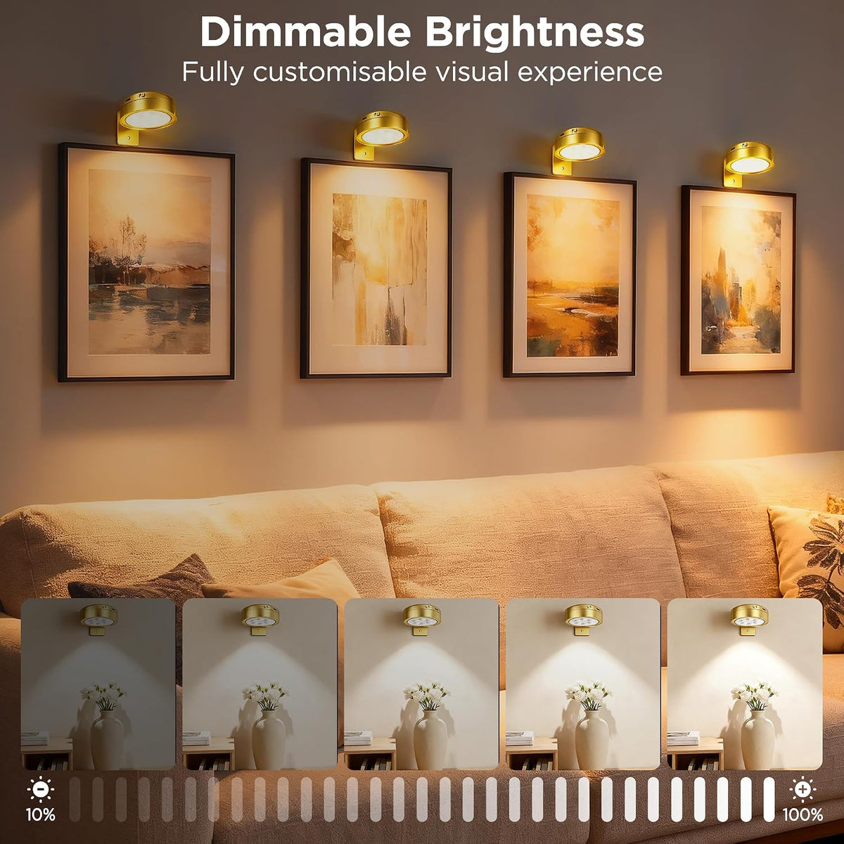 4-Pack Picture Lights for Wall, Rechargeable Cordless Poster Lights, Gold | LED Magnetic Painting Lights with