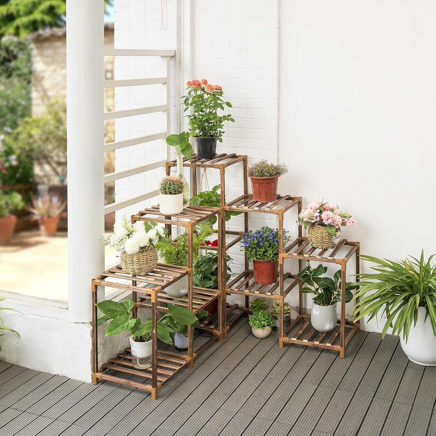 Plant Stand Indoor Outdoor, 10 Tiered Plant Shelf Wood Plant Rack | Tall Plant Holder for Multiple Plants, Combination