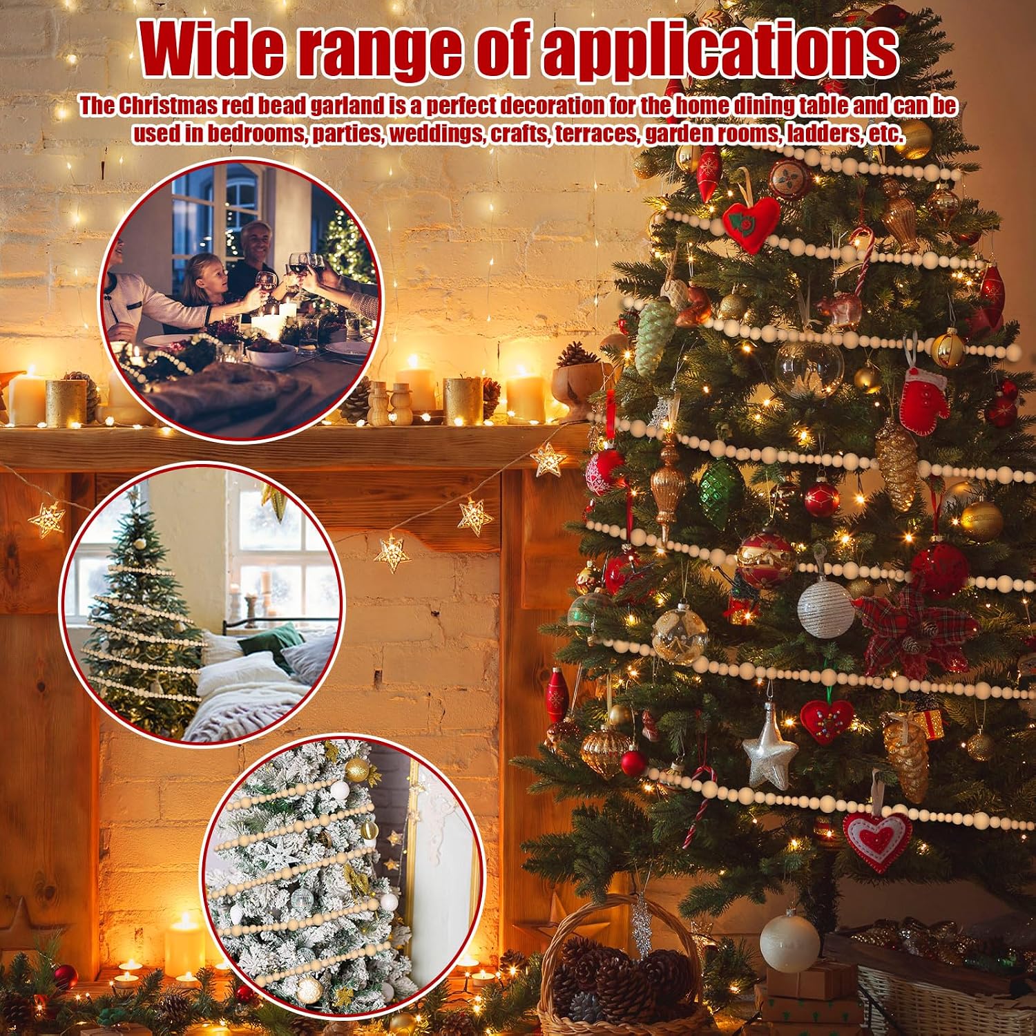 4 Pcs 72 ft Christmas Tree Wood Bead Garland Christmas Wooden Beads Garland Hanging Boho Xmas Decor Rustic Farmhouse