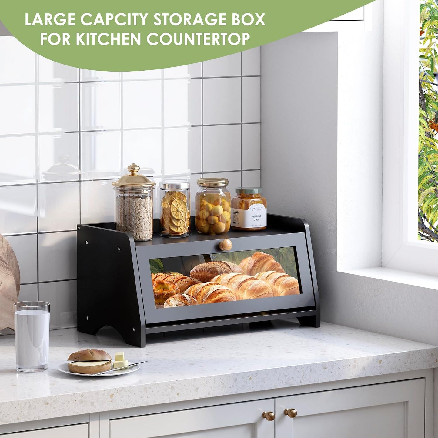 JANSNIMEN Bread Box for Kitchen Countertop, Large Bread Container Storage, Wooden Farmhouse Bread Box with Window Bread