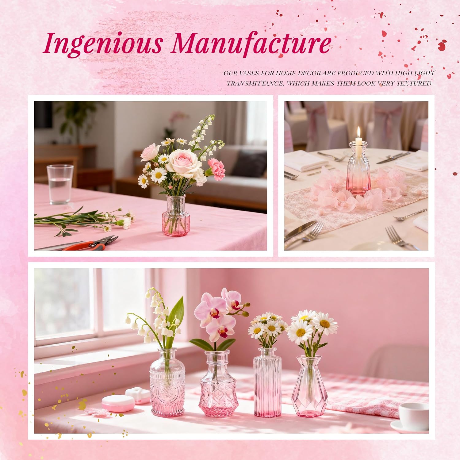 Glass Bud Vases Small Flower Vases for Rustic Wedding Centerpieces Table / Pink / Set of 32