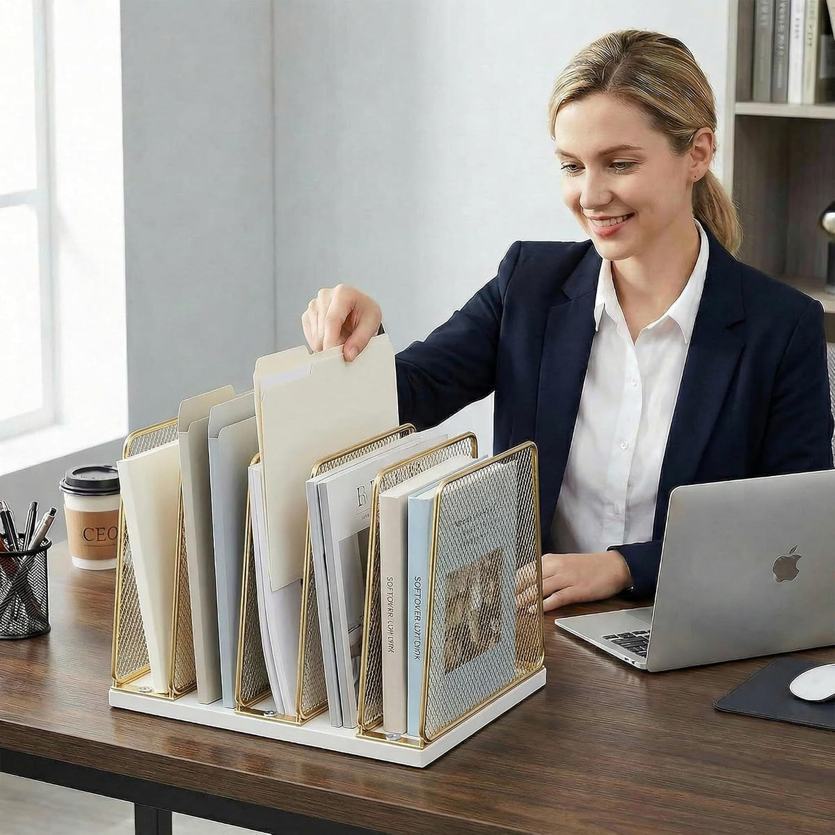 5-Section Vertical File Organizer for Desk, Gold | Sturdy Wood Base, Metal Mesh, Desktop File Holder, Upright Paper