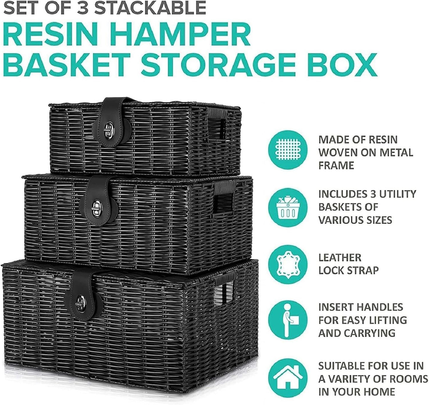Woven Wicker Storage Basket Box / Black / Set of 3