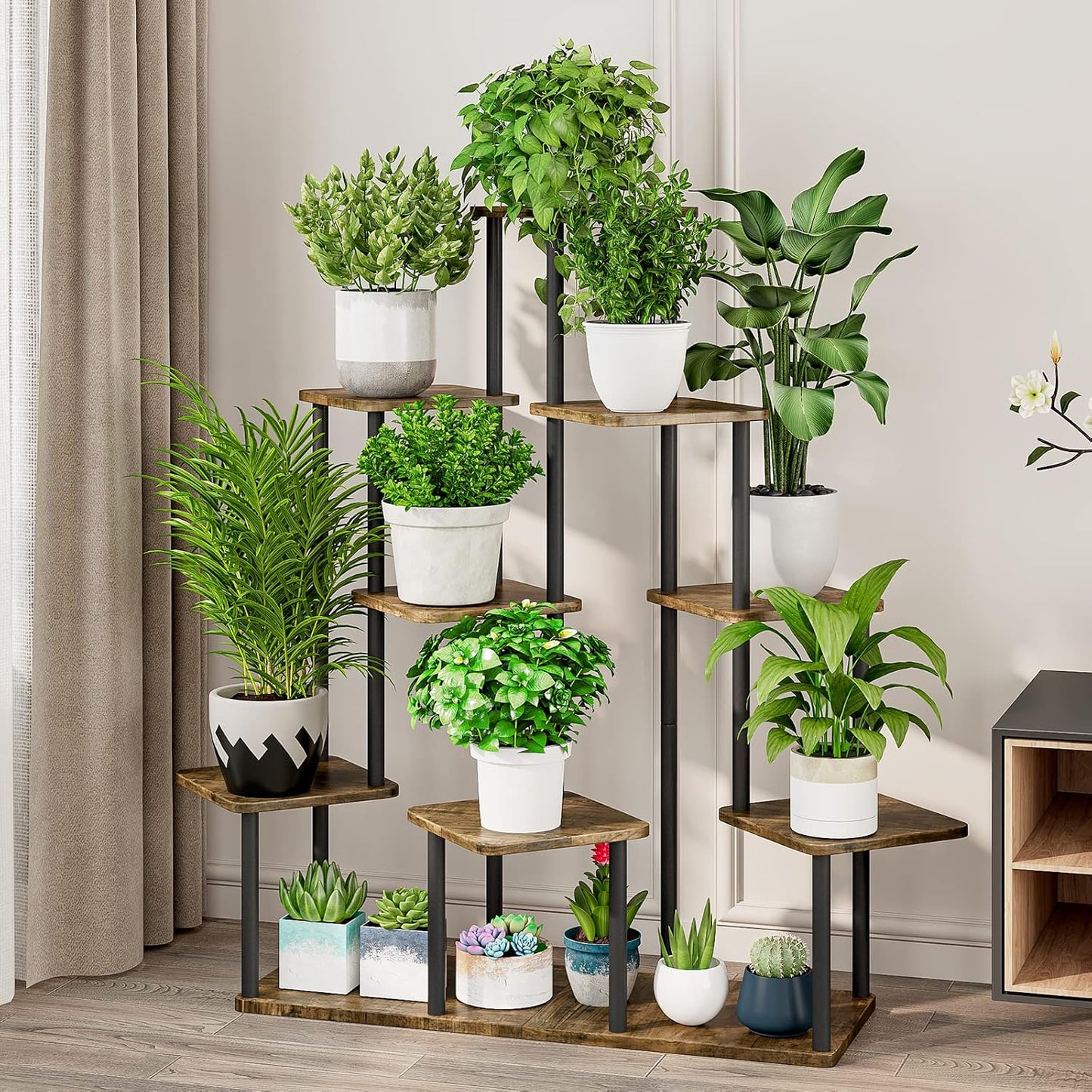 9 Tier Tall Plant Stand Indoor Corner Tiered Shelf Metal MDF Board | Sturdy Metal Frame,Space-saving Tiered Design