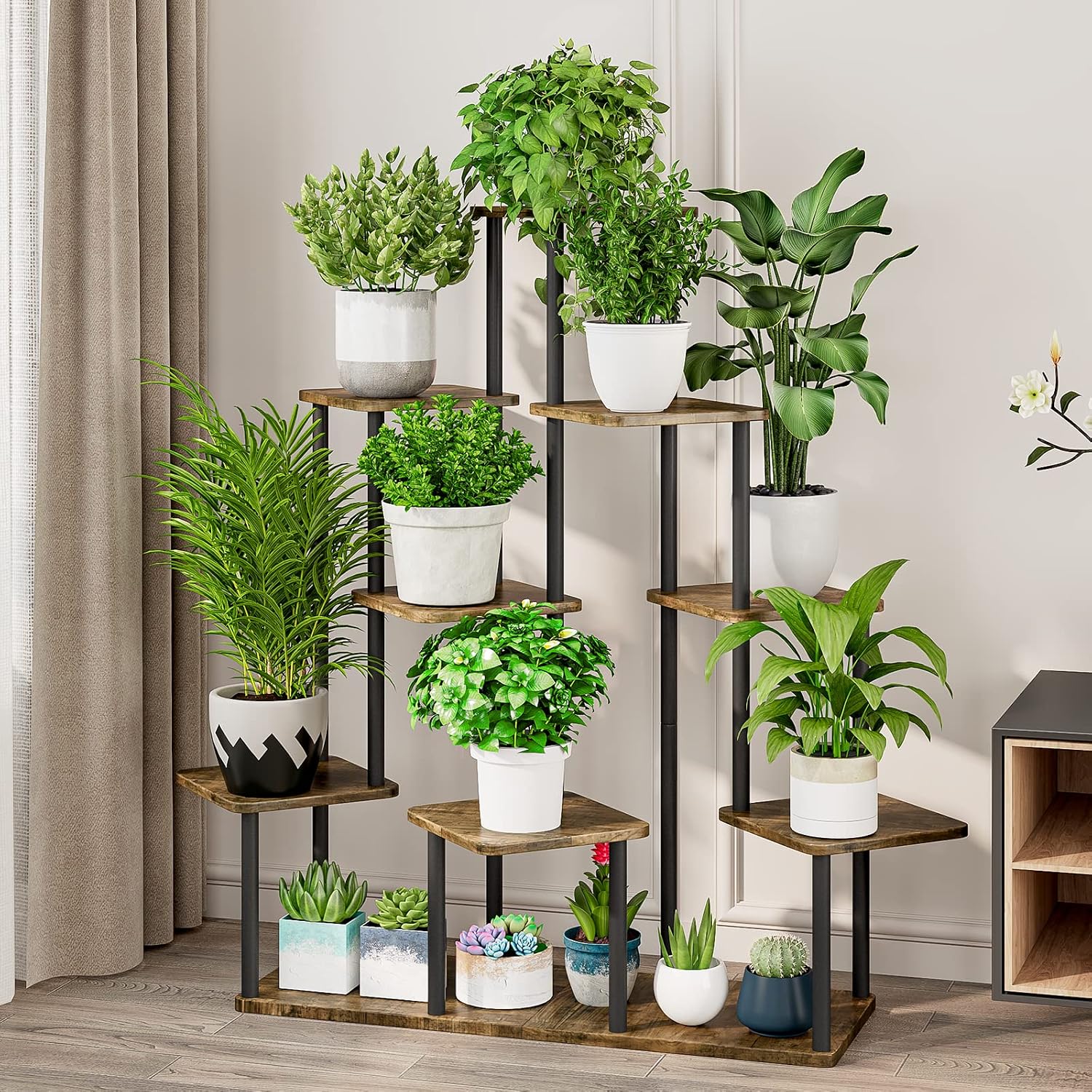 9 Tier Tall Plant Stand Indoor Corner Tiered Shelf Metal MDF Board | Sturdy Metal Frame,Space-saving Tiered Design