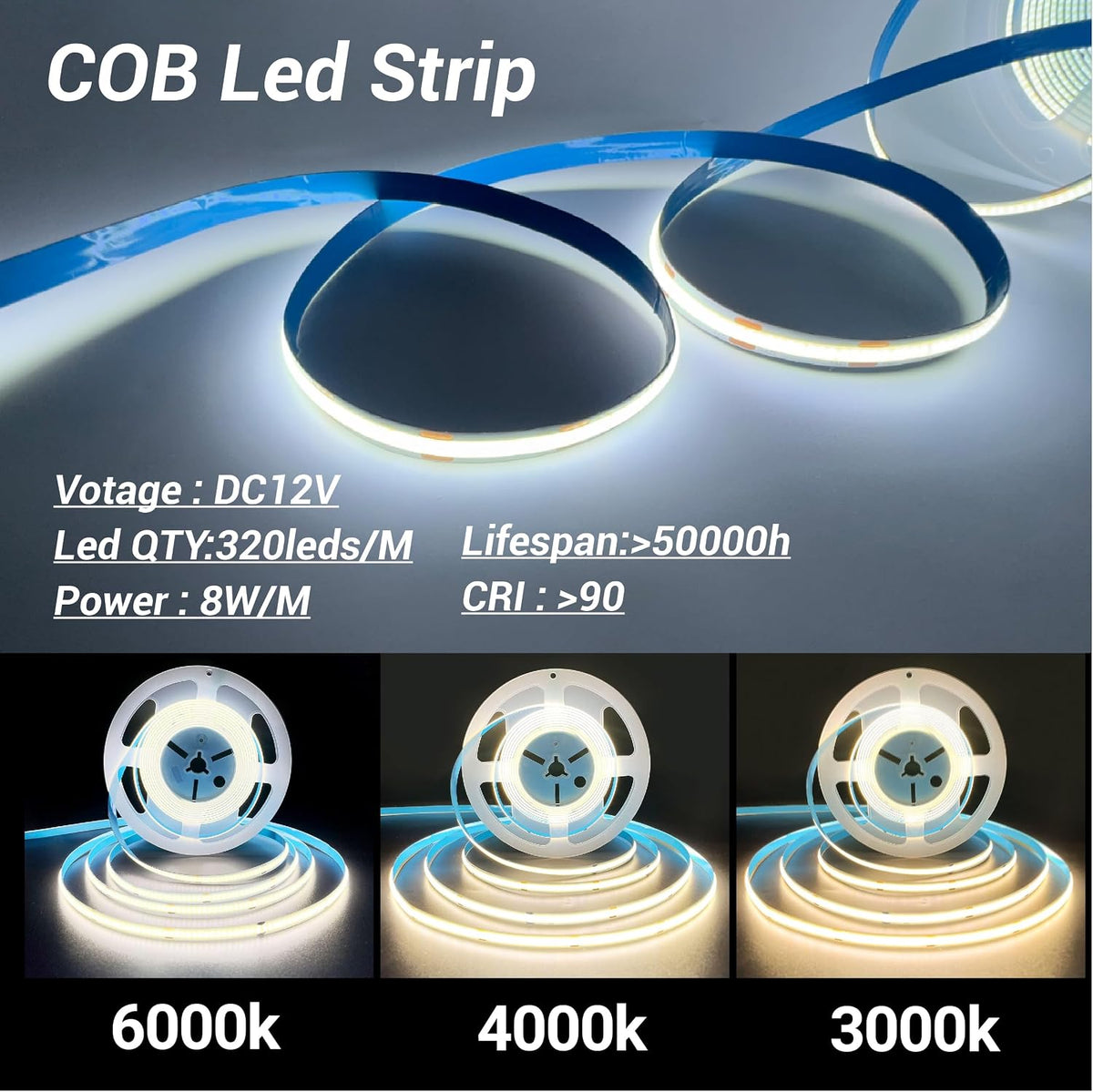 HAMRVL LED Shelf Lights,16.4ft 12V COB LED Strip Lights for Kitchen Cabinet | 4000K Natural White Plug-in DIY