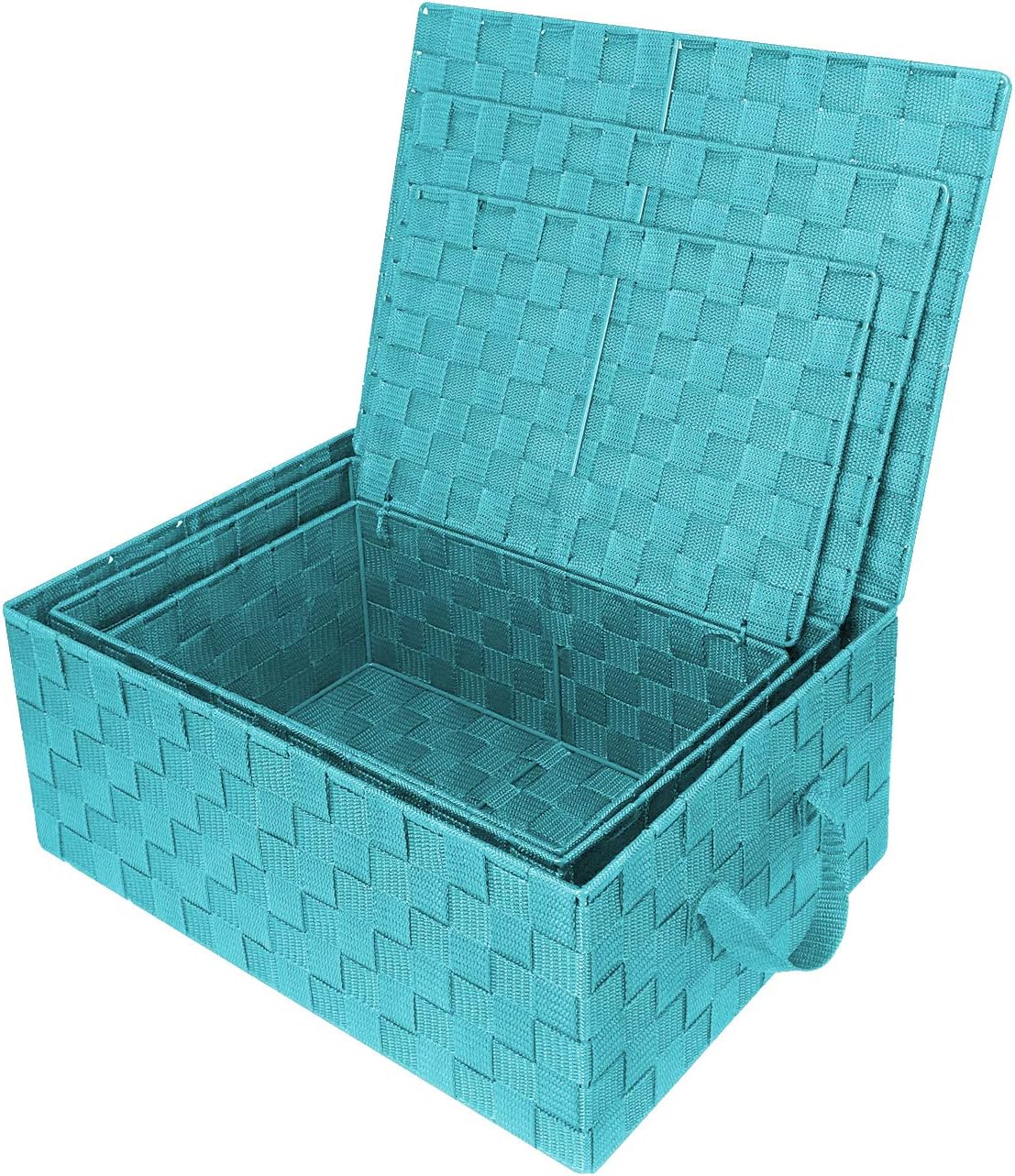 Hand-Woven Storage Baskets / Woven Lid Baskets - Aqua / Set of 3