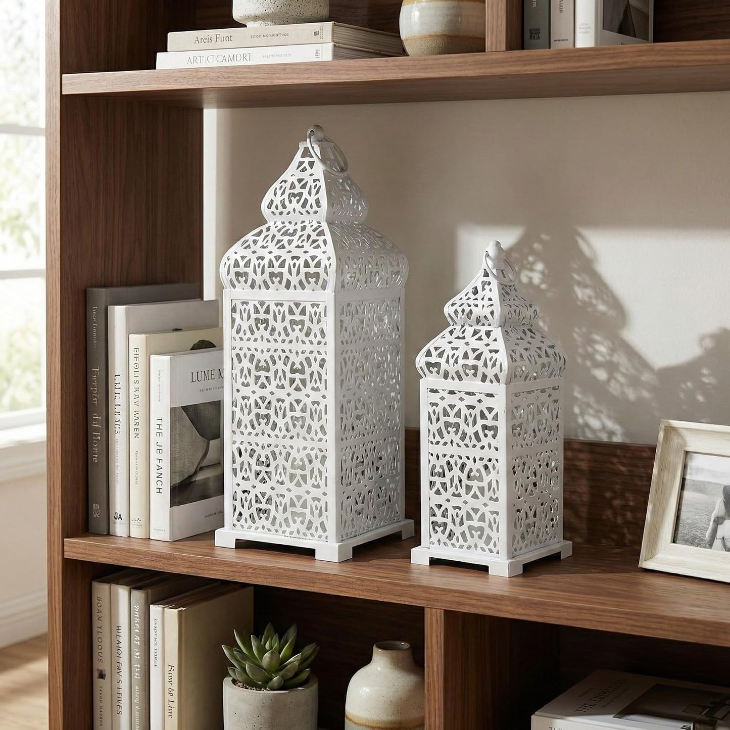 Vela Lanterns Decorative Indoor Moroccan Candle Holders, White, Set of 2 | White Wedding Centerpieces, Ramadan