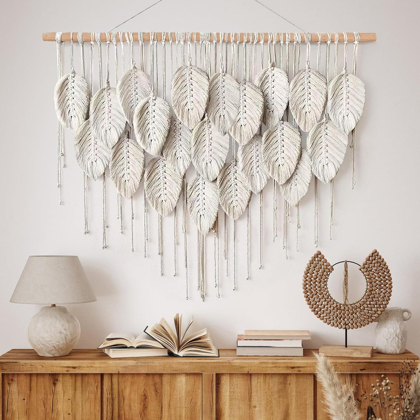 Macrame Wall Hanging Boho Beige Leaves Tapestry Bohemian Handmade Woven Wall / Beige-39" W x 28.3" L