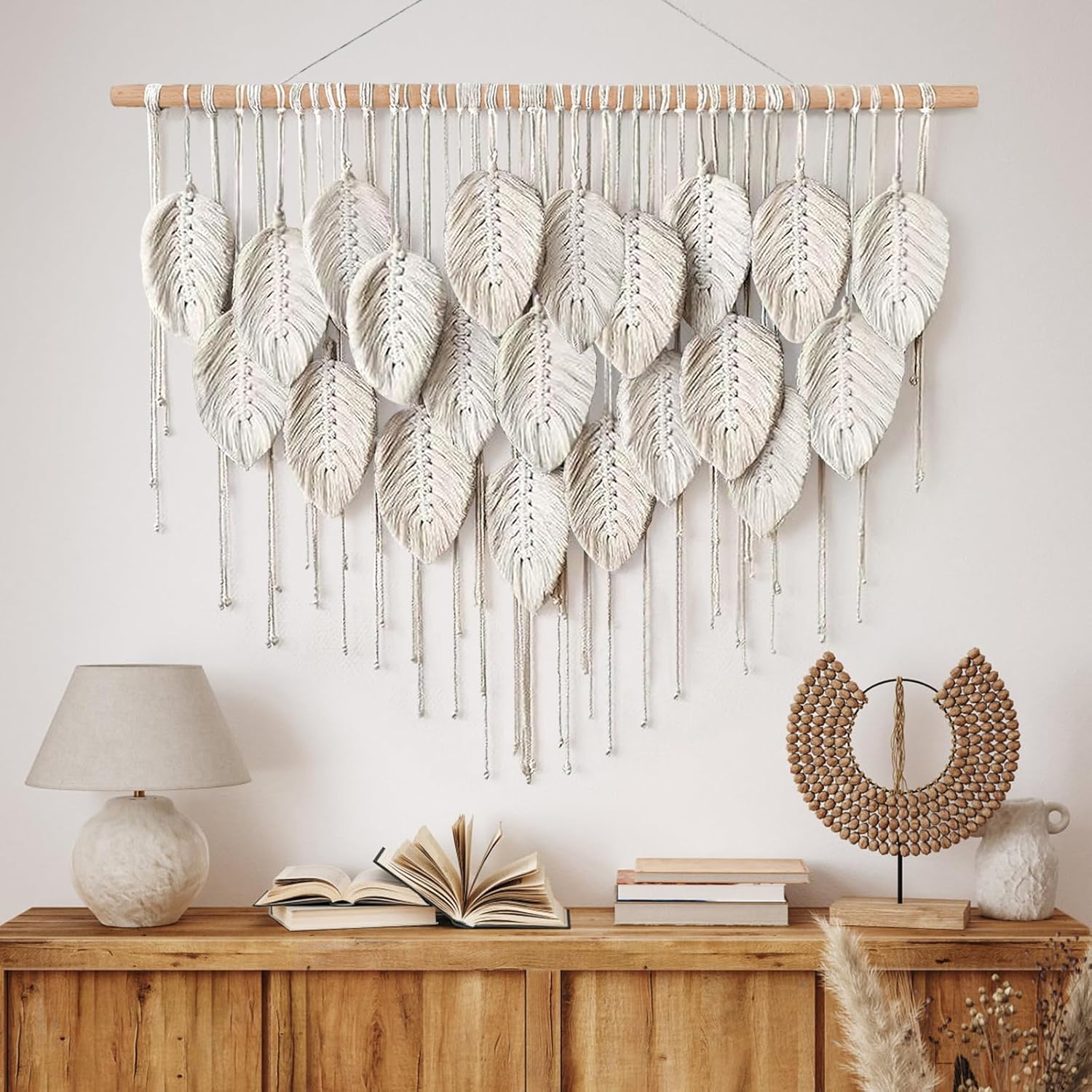 Macrame Wall Hanging Boho Beige Leaves Tapestry Bohemian Handmade Woven Wall / Beige-39" W x 28.3" L
