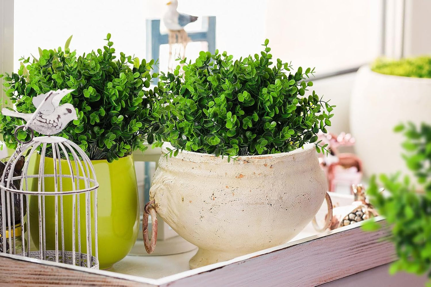 8 Bundles Artificial Bushes Greenery Plants Stems Faux Shrubs Boxwood Plants / Green / Set of 8