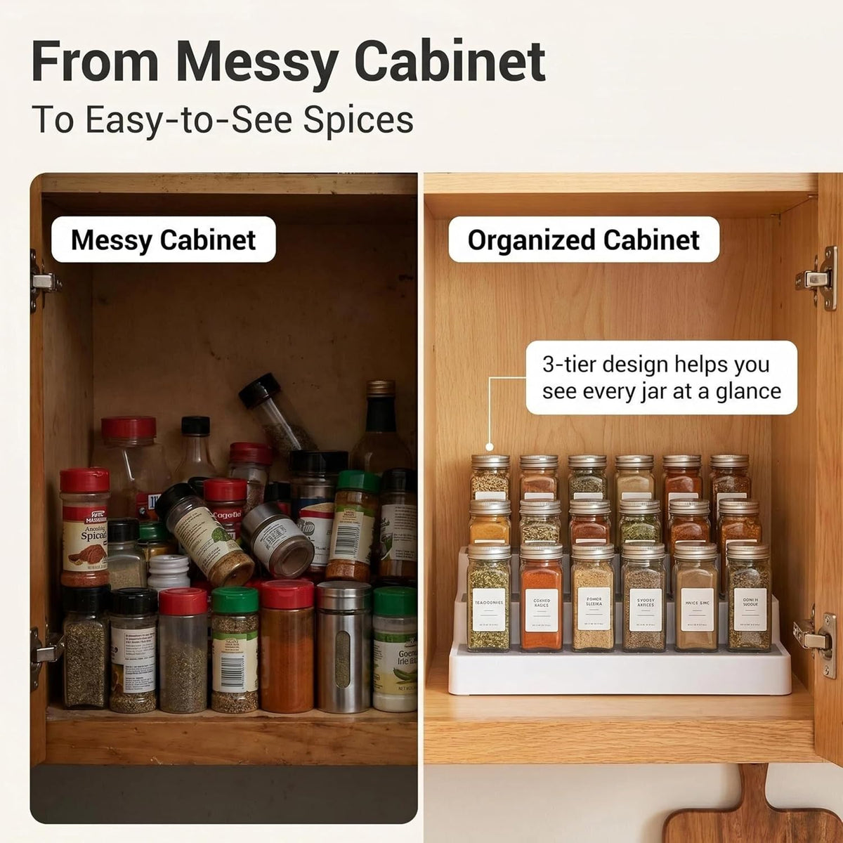 YAN & HIN 3 Tier Spice Rack Organizer for Cabinet, 3 Pack Non-Slip Spice Rack Shelf Organizer, Holds 24+ Jars, Plastic