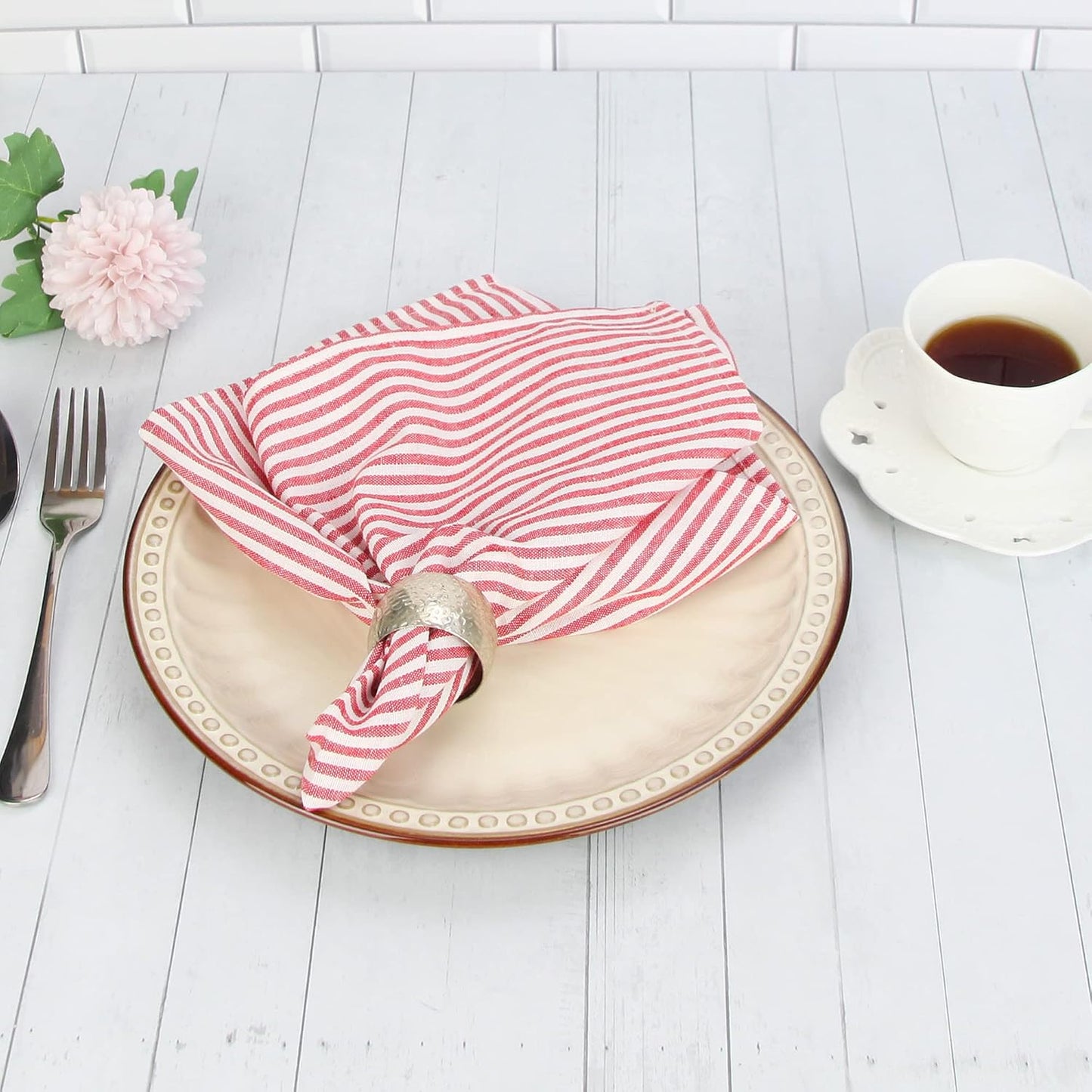 Plain Striped Cotton Linen Blended Dinner Cloth Napkins - Set of 12 (17 x 17 inches) - for Events & Home Use (Red)