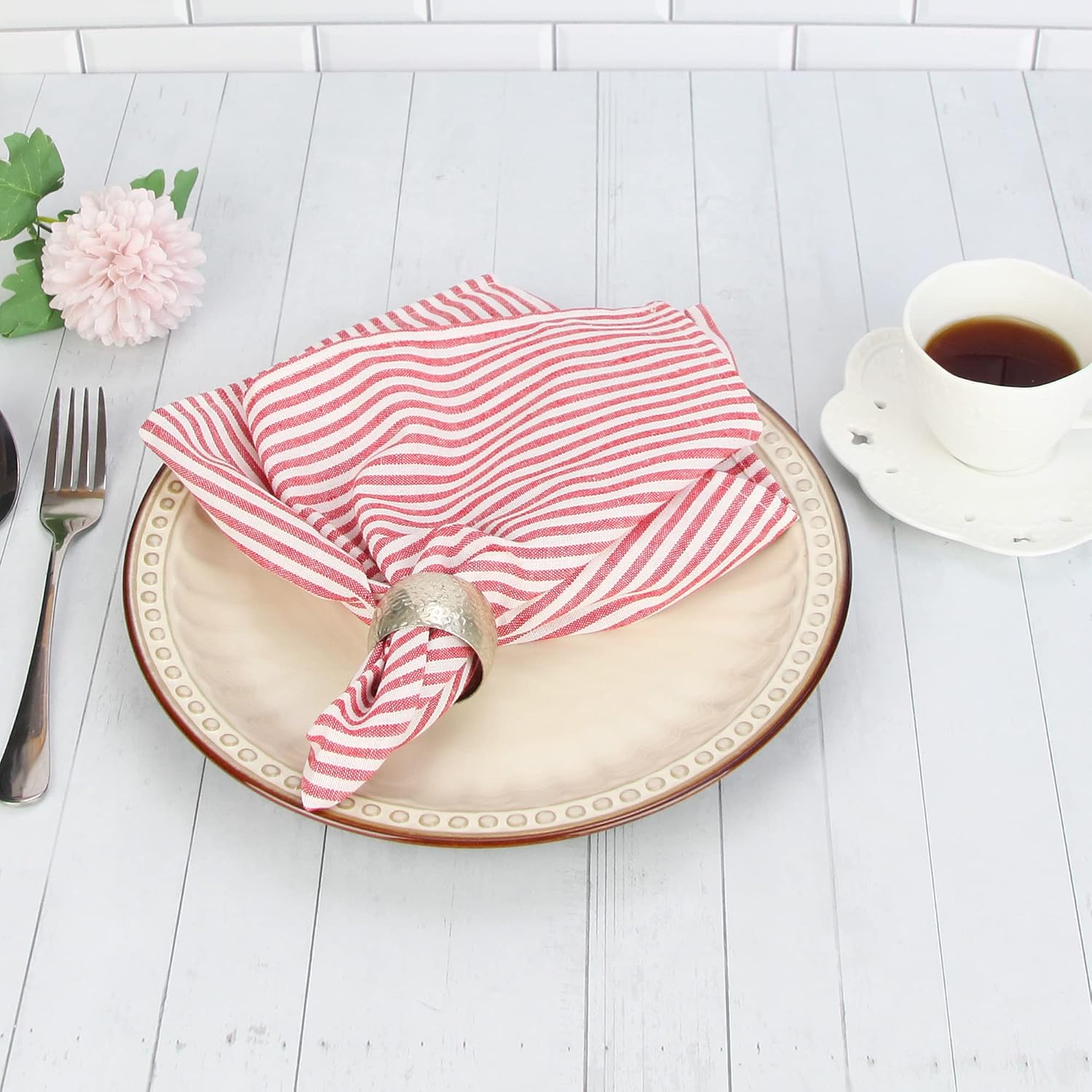 Plain Striped Cotton Linen Blended Dinner Cloth Napkins - Set of 12 (17 x 17 inches) - for Events & Home Use (Red)
