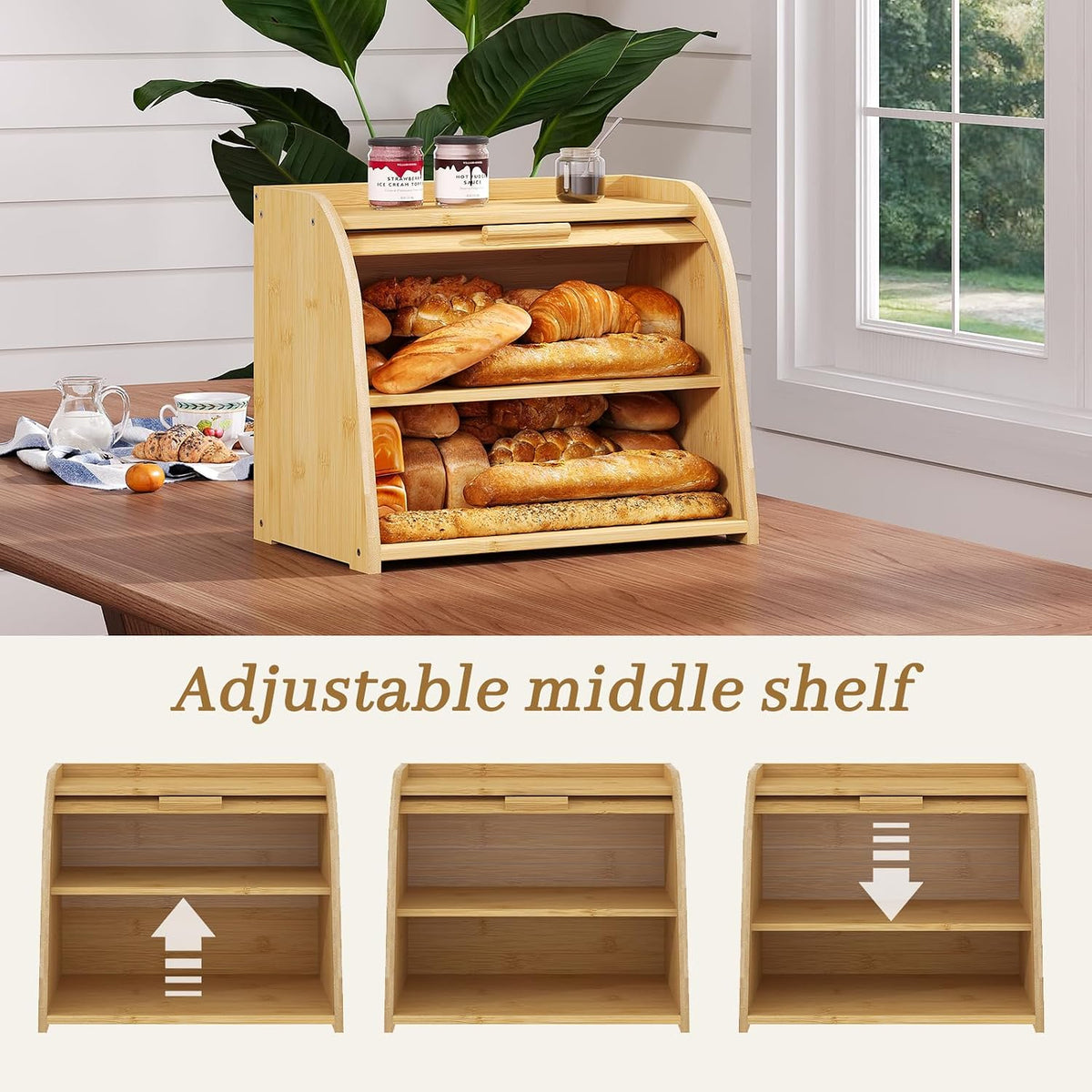Kitsanery Bread Box for Kitchen Countertop, Bamboo Bread Storage, Double-Layer Roll-Top Bread Container, Farmhouse