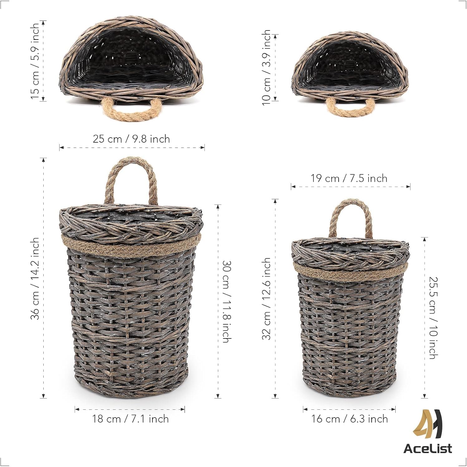 Woven Wicker Wall Hanging Baskets / Grey / Set of 2