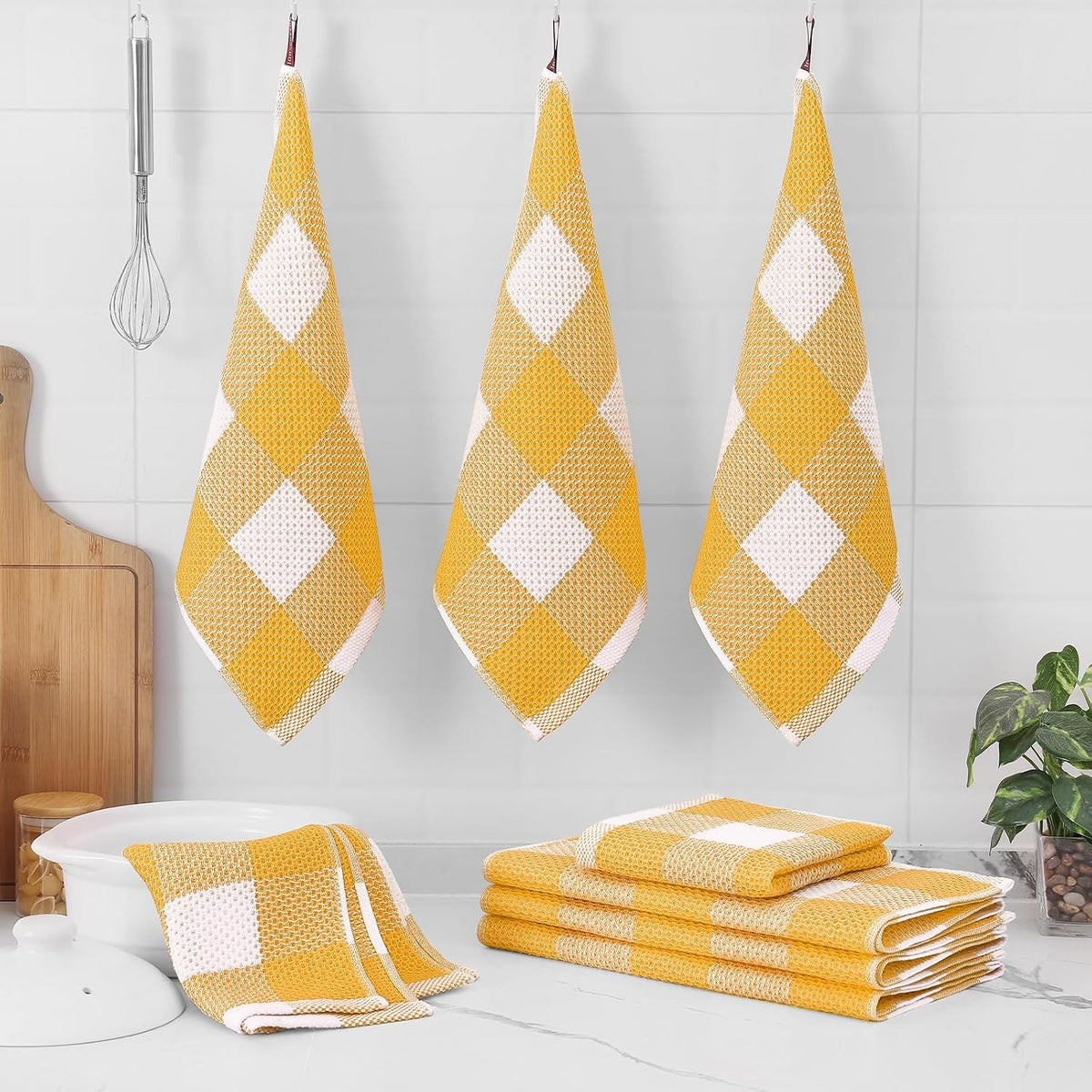 Homaxy Kitchen Towels and Dishcloths Set, Set of 16, White & Golden Yellow | Bulk Cotton Waffle Weave Check Plaid