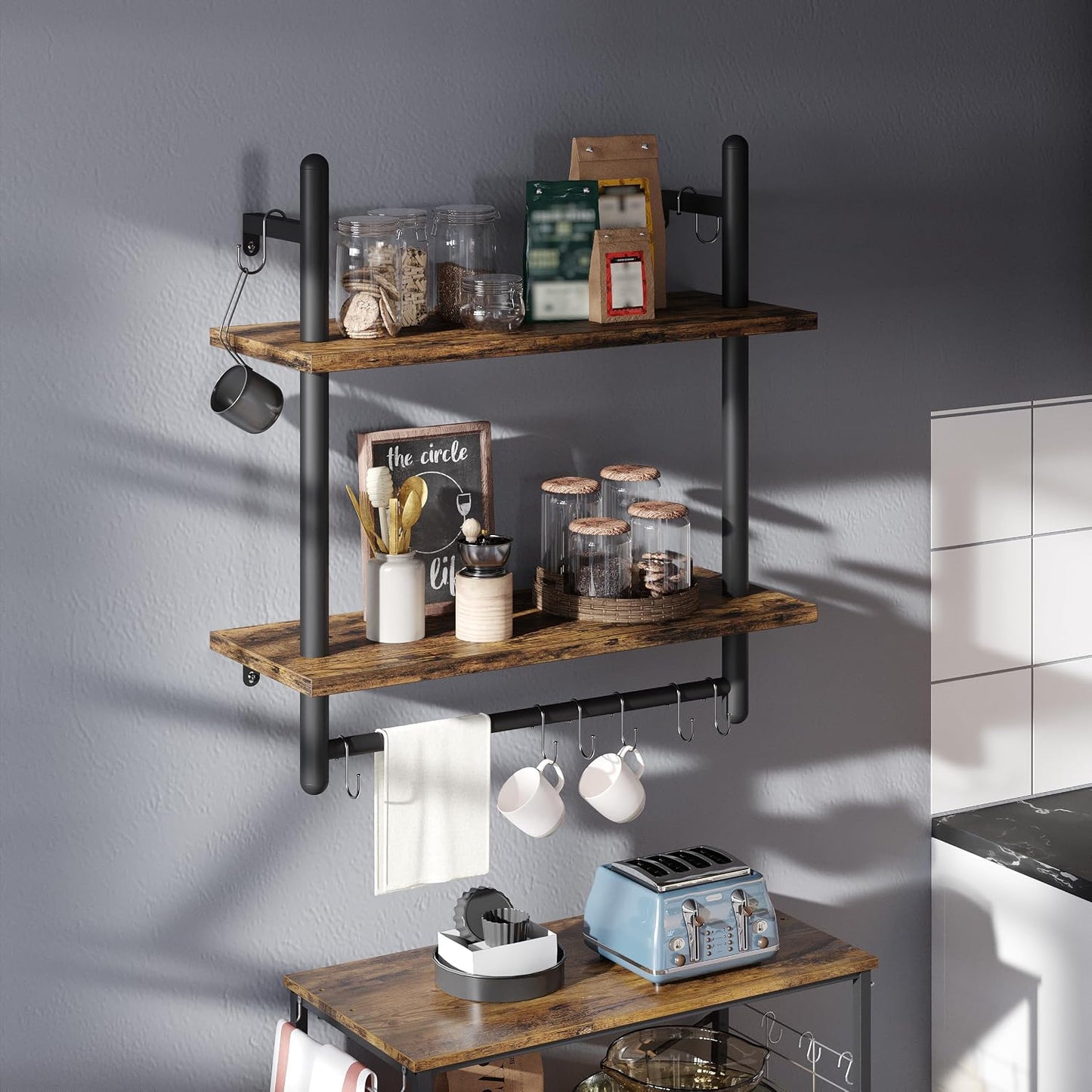 Bestier 24" Floating Kitchen Shelves Wall Mounted 2 Tier Coffee bar Shelves with 8 Hooks, Industrial Wall Shelf for
