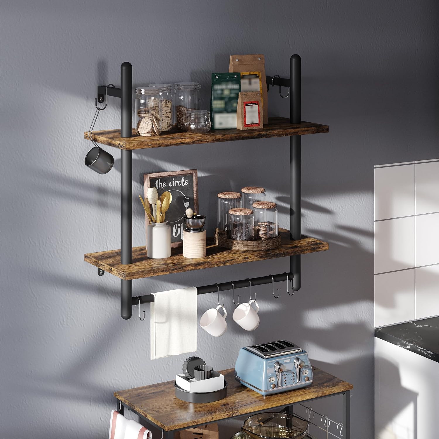 Bestier 24" Floating Kitchen Shelves Wall Mounted 2 Tier Coffee bar Shelves with 8 Hooks, Industrial Wall Shelf for