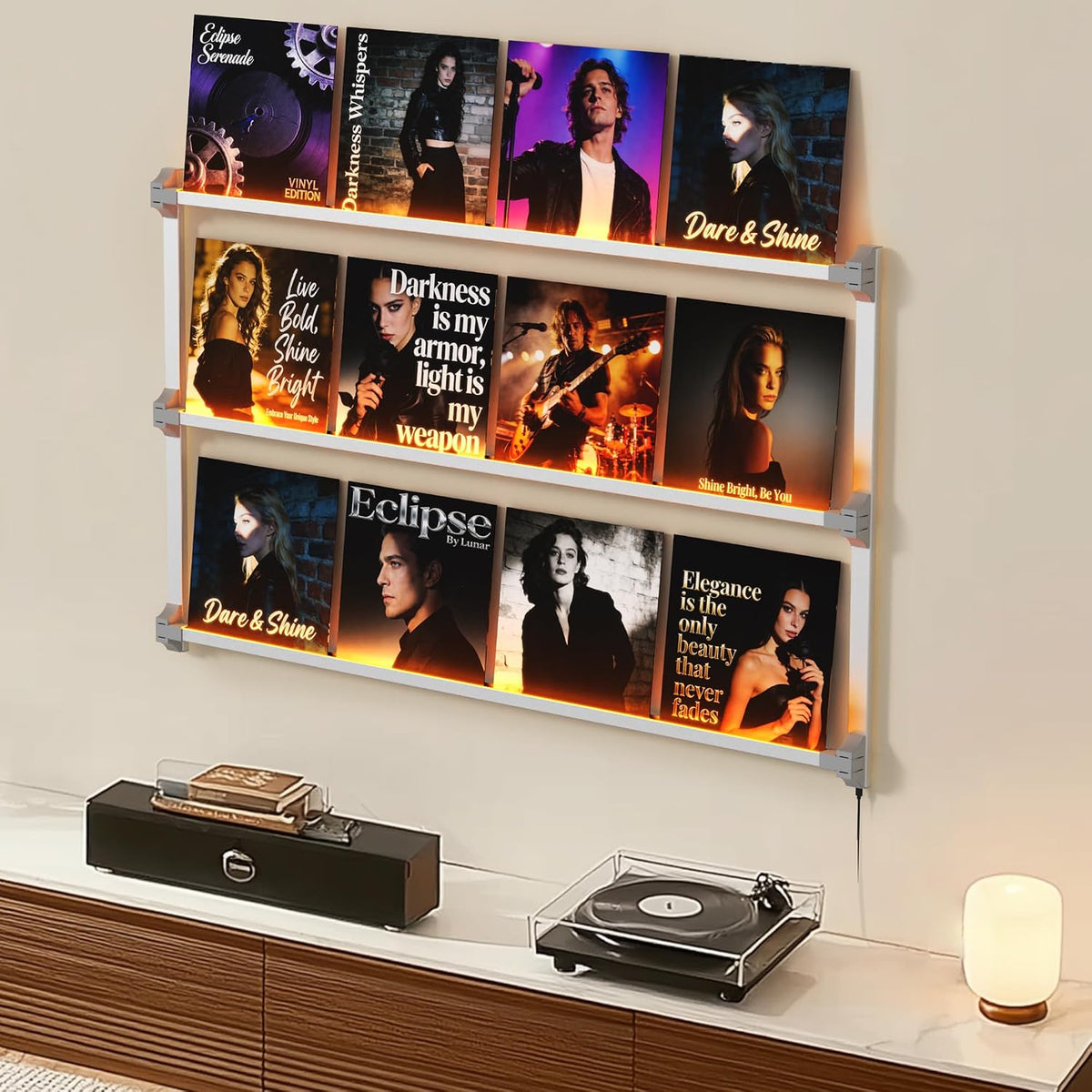 Vinyl Record Shelf Wall Mount with LED Lights, Floating Shelf for Vinyl Record Display, 51-INCH Aluminum Alloy Record