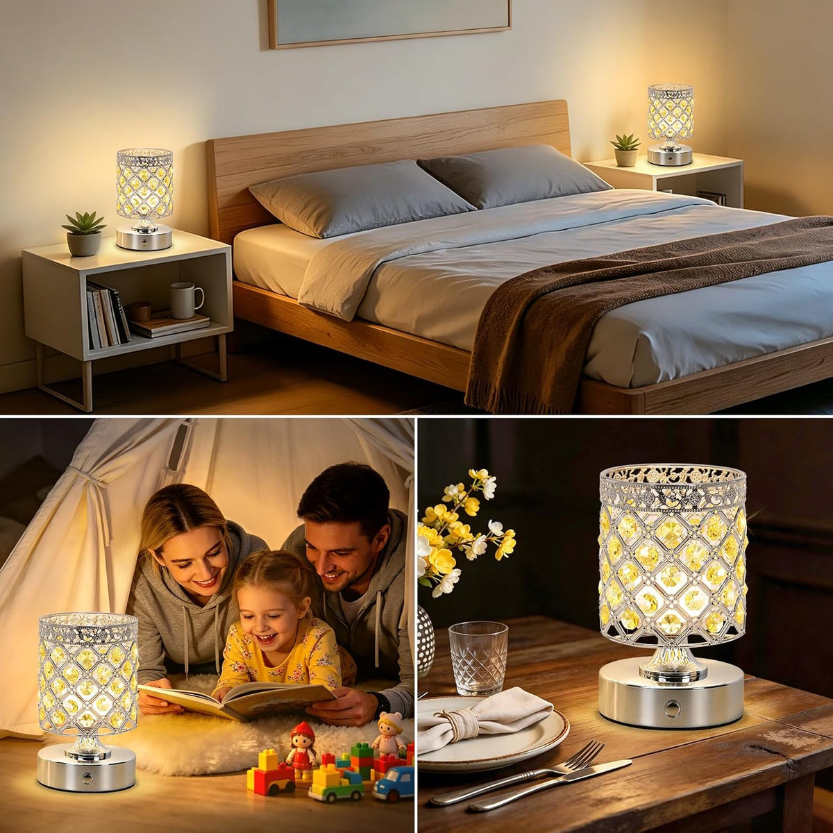 Yellow Small Crystal Rechargeable Cordless Table Lamps Set of 2 | 6000mAh Battery, 3 Color Temps, Stepless Dimming