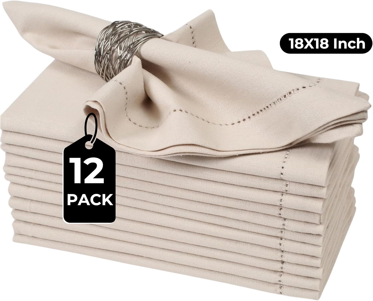 Bedding Craft Cotton Linen Napkins, Oatmeal, 18x18, Set of 12 | Cotton-linen blend, flax oatmeal color, hemstitched