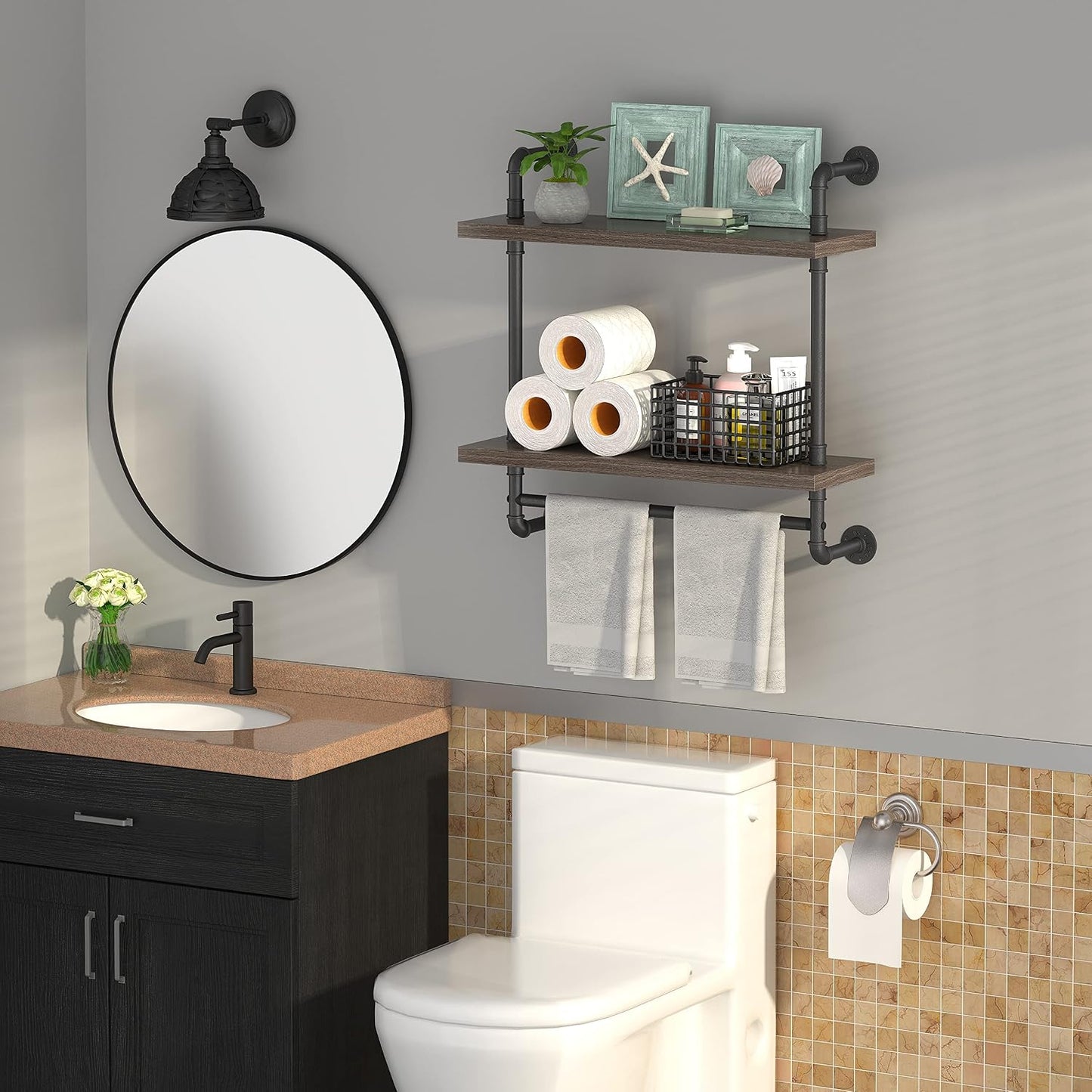 Helsin 2 Tier Wood Floating Shelves Towel Rack, Industrial Pipe Bathroom Shelves Wall Mounted with Towel bar, Wall