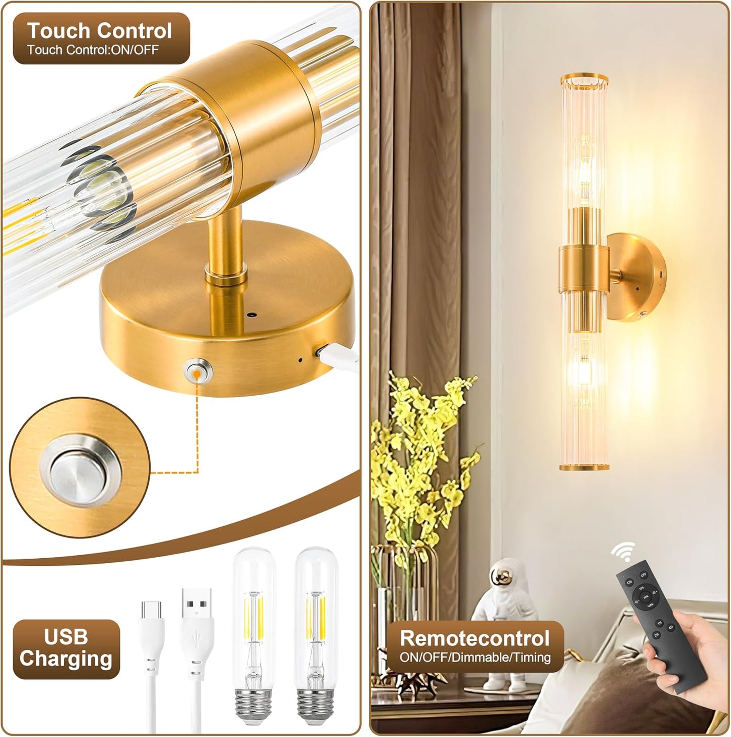Gold Battery Operated Wall Sconces Set of Two, Dimmable Rechargeable Sconce | Wireless Wall Light with Remote Control