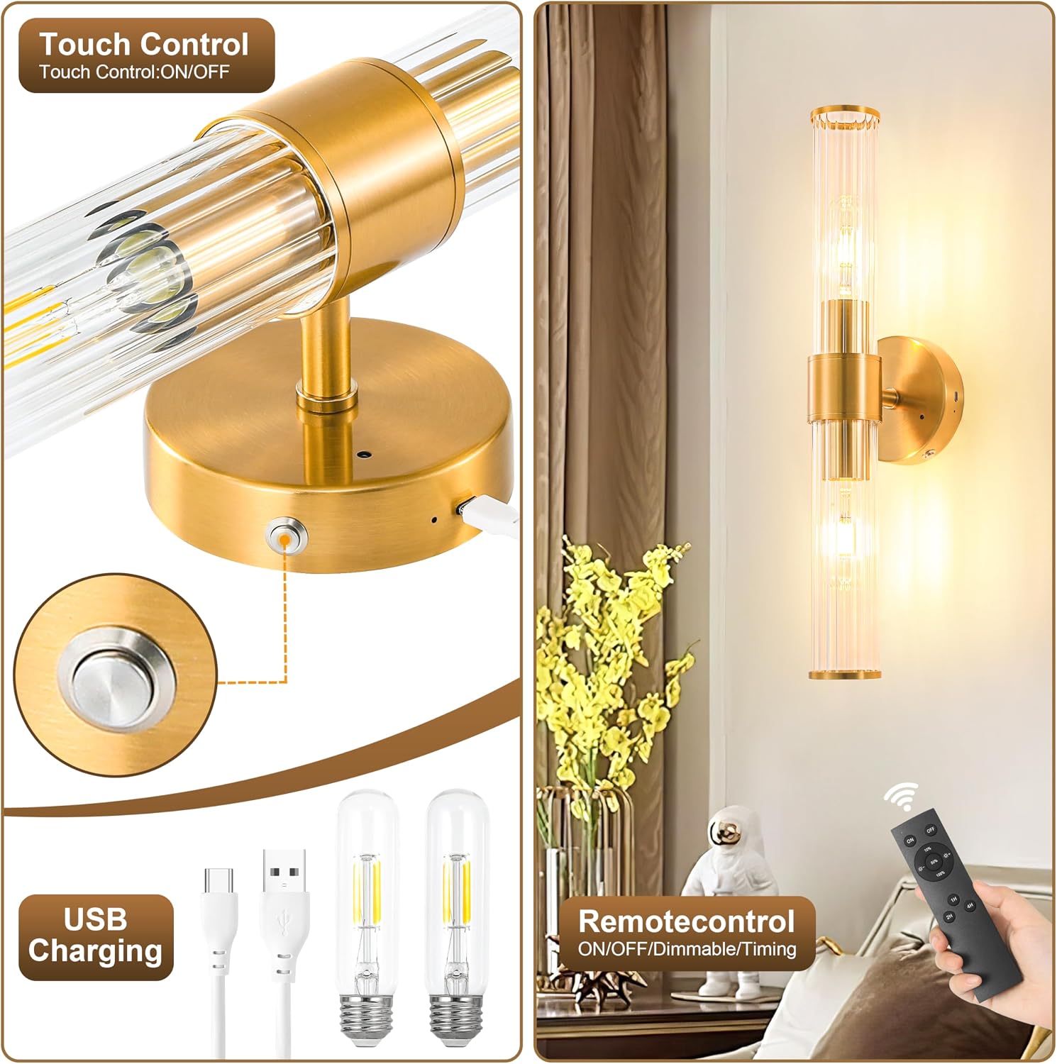 Gold Battery Operated Wall Sconces Set of Two, Dimmable Rechargeable Sconce | Wireless Wall Light with Remote Control