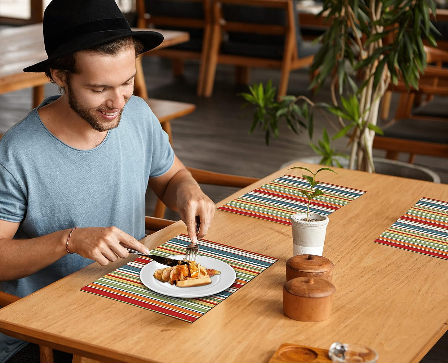 Ruvanti Placemats Set of 6, 100% Cotton Place Mats of 13"x19", Multi Stripe | Heat, Stain resistant, Washable