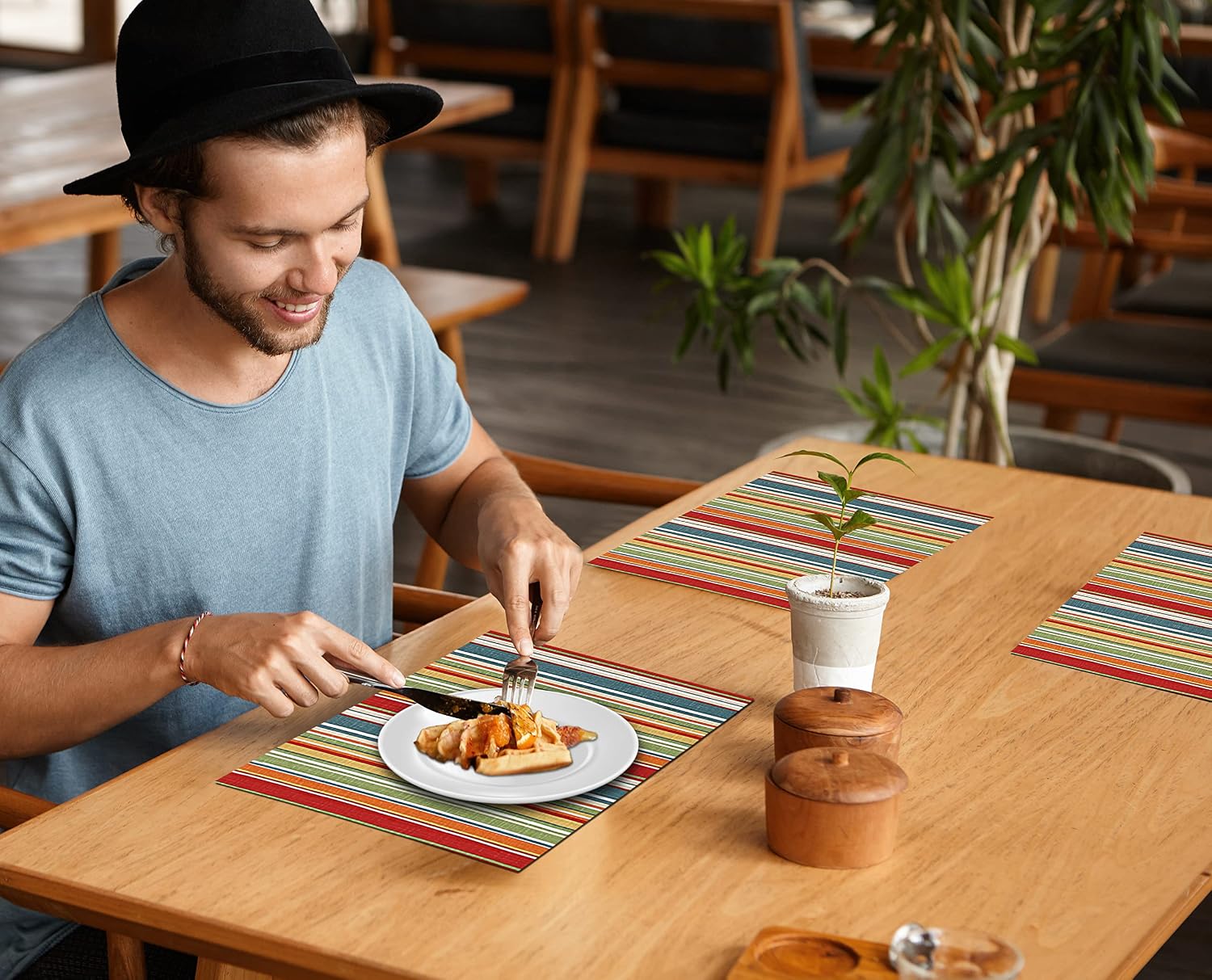 Ruvanti Placemats Set of 6, 100% Cotton Place Mats of 13"x19", Multi Stripe | Heat, Stain resistant, Washable
