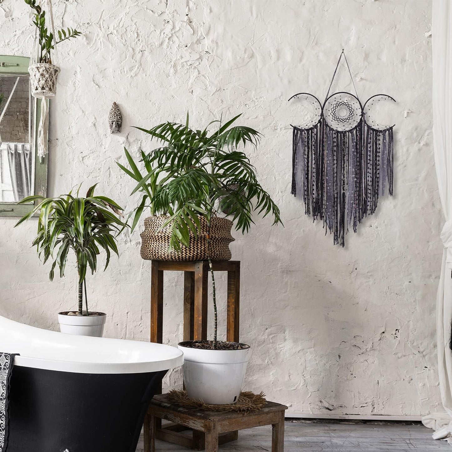 Black Triple Moon Goddess Macrame Wall Hanging / Shadow Black