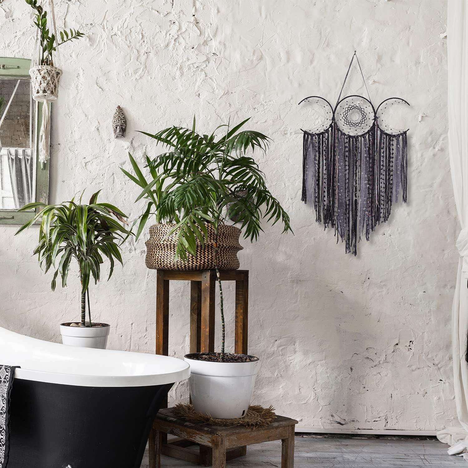 Black Triple Moon Goddess Macrame Wall Hanging / Shadow Black