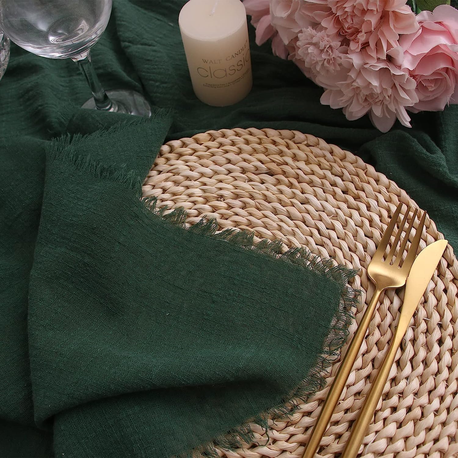 Fall Cloth Napkins with Fringe, Cotton Gauze Napkins Set of 12, Dark Green | Boho Rustic Dinner Napkins, 16 x 16 Inch