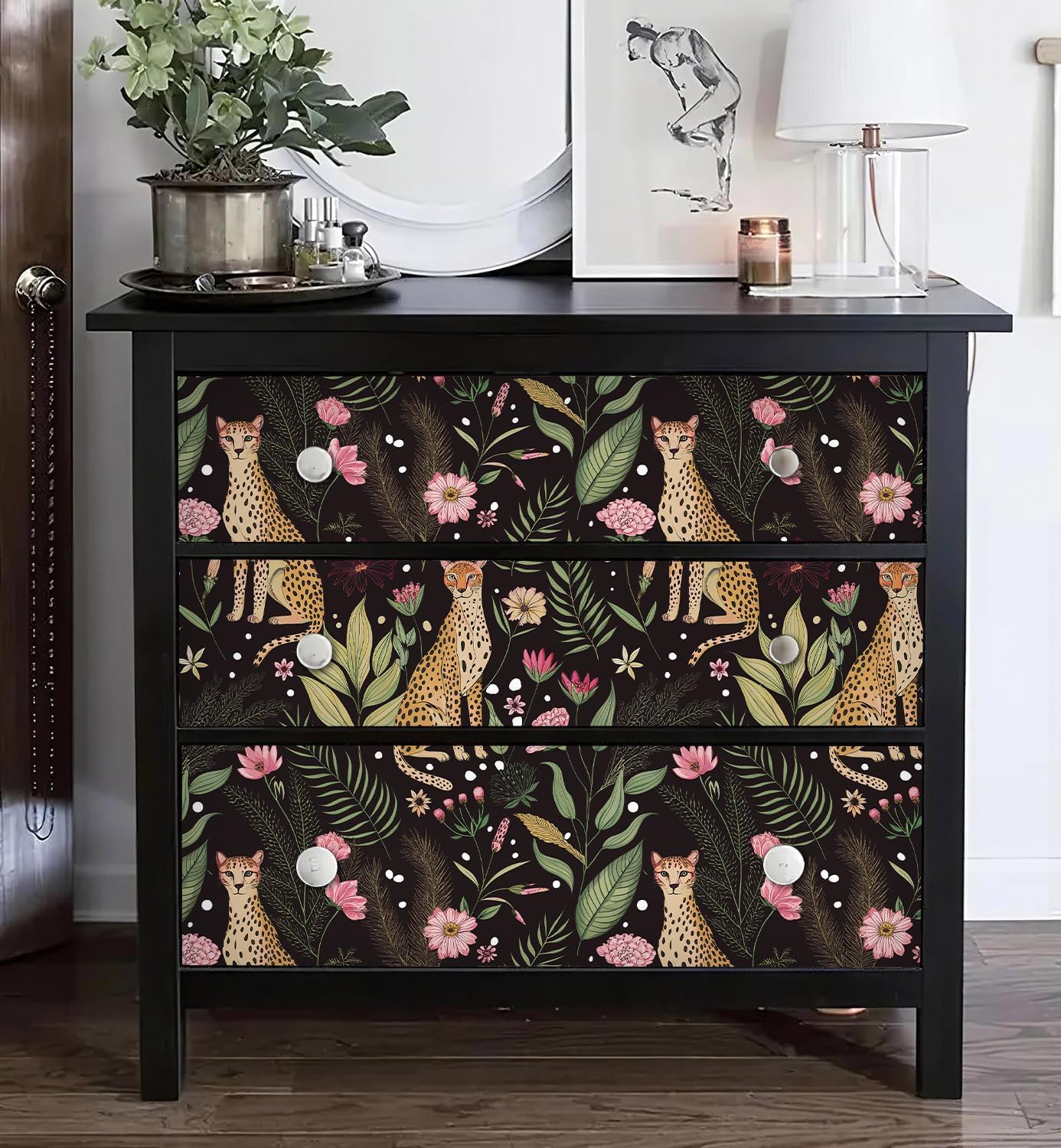 Peel and Stick Wallpaper Jungle Leopard Wallpaper Removable Floral Wallpapers / Black / 17.5 x 118
