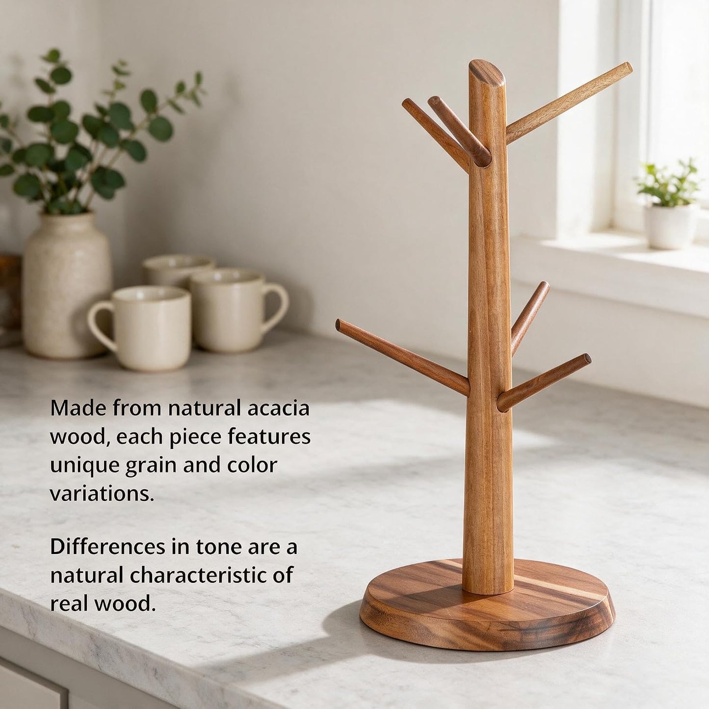 Acacia Wood Coffee Mug Tree Holder Countertop with 6 Hooks | Wooden Mug Organizer for Kitchen Coffee Bar, Easy to