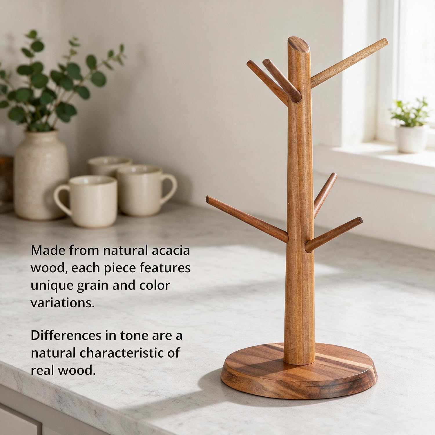 Acacia Wood Coffee Mug Tree Holder Countertop with 6 Hooks | Wooden Mug Organizer for Kitchen Coffee Bar, Easy to