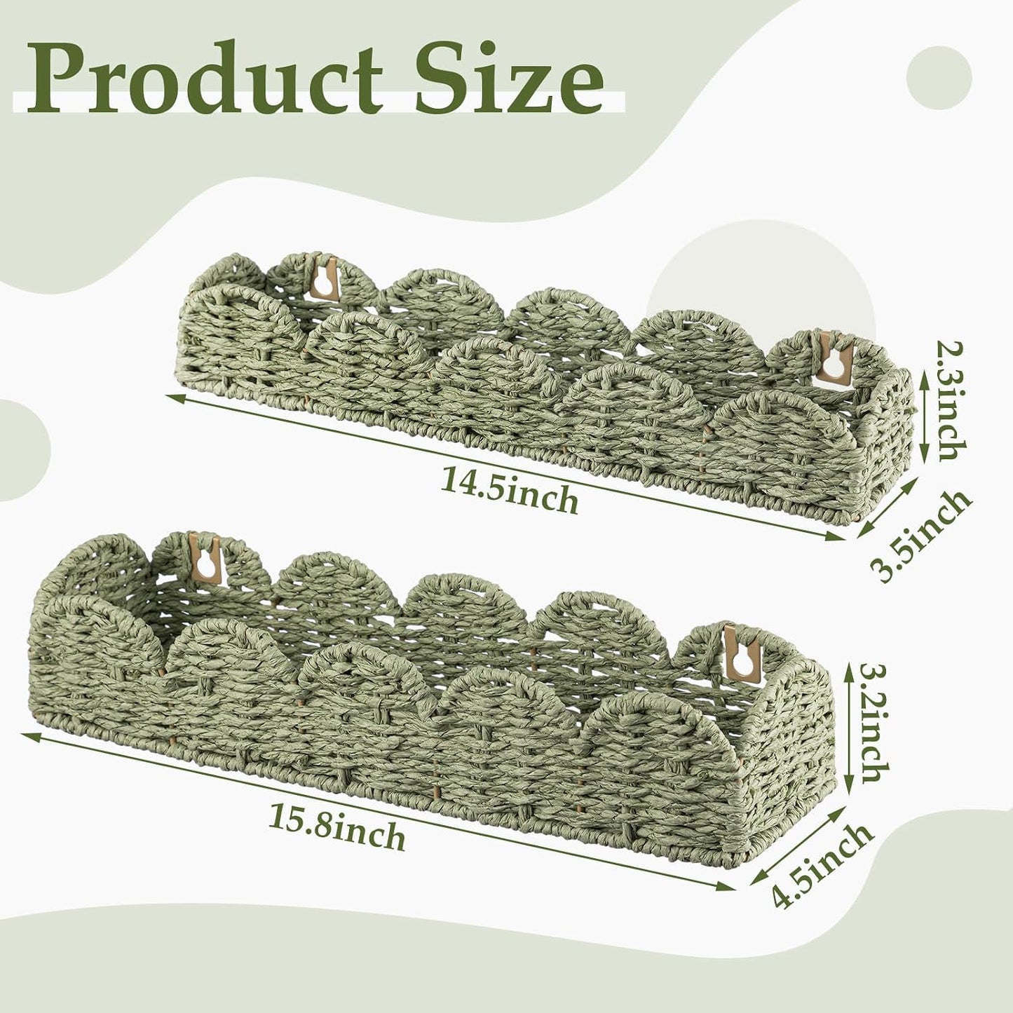 Floating Bookshelf for Kids Scalloped Handwoven Rattan Floating Nursery Book / Sage Green / Set of 2